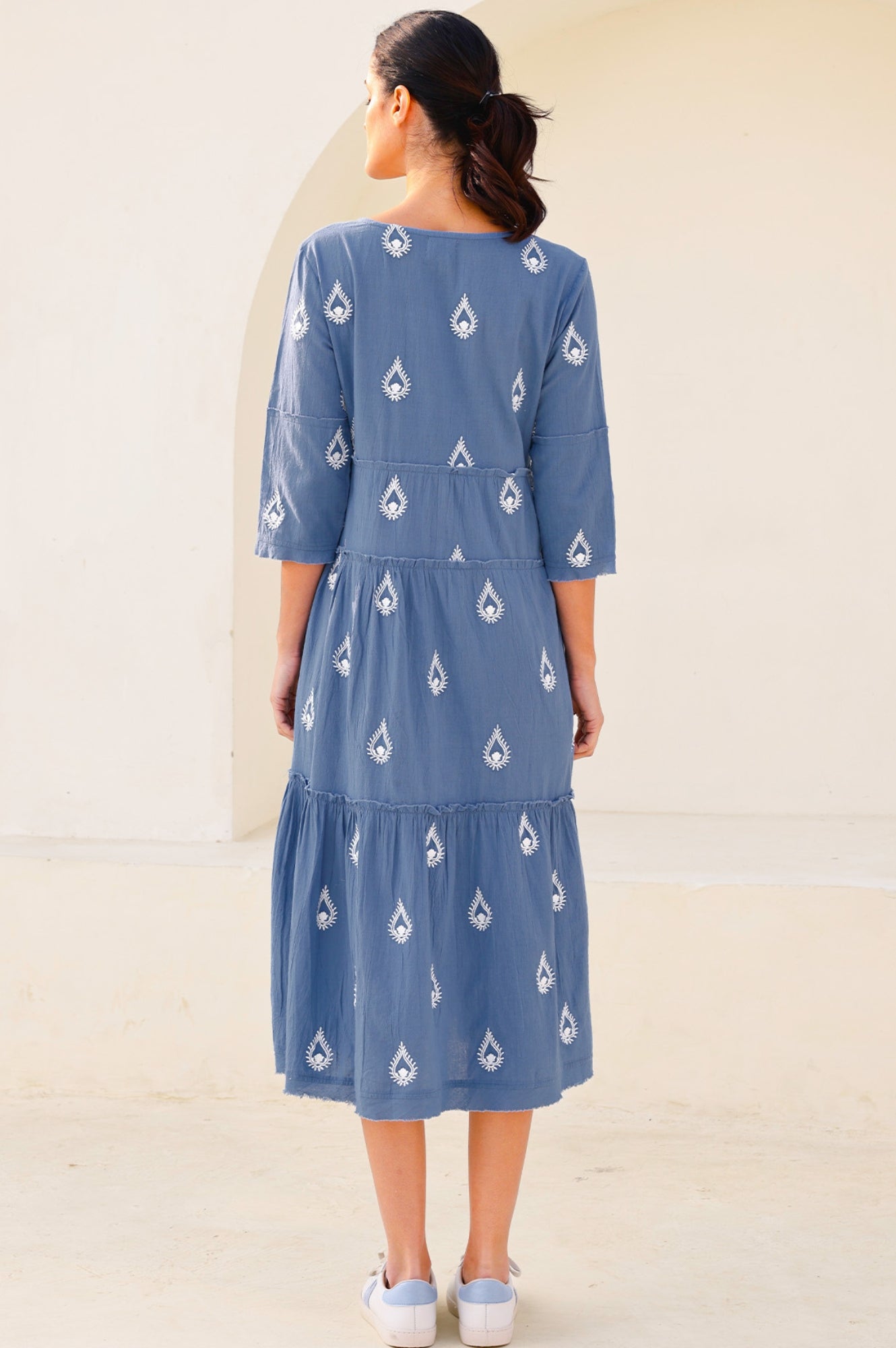 Willow Embroidered Dress for Women - Buta Blue Grey/White Floral Maxi Dress | Boho Chic Summer Dress for Beach, Wedding & Vacation