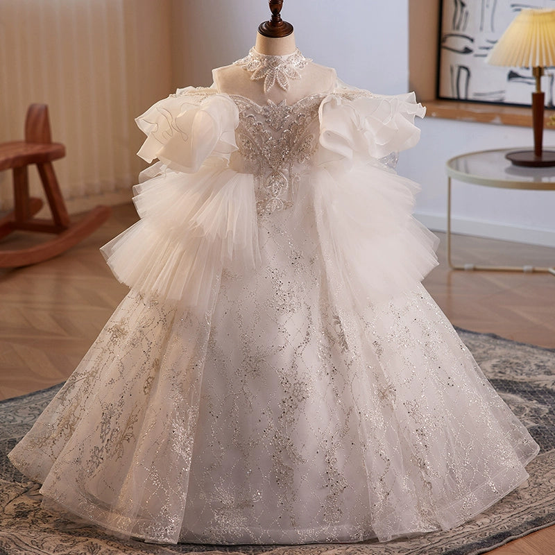 Elegant Baby Girls Sleeveless Halter Puff Sleeve Princess Dress Toddler Mesh Evening Dress for Birthday Party, Photo Shoot & Special Occasions