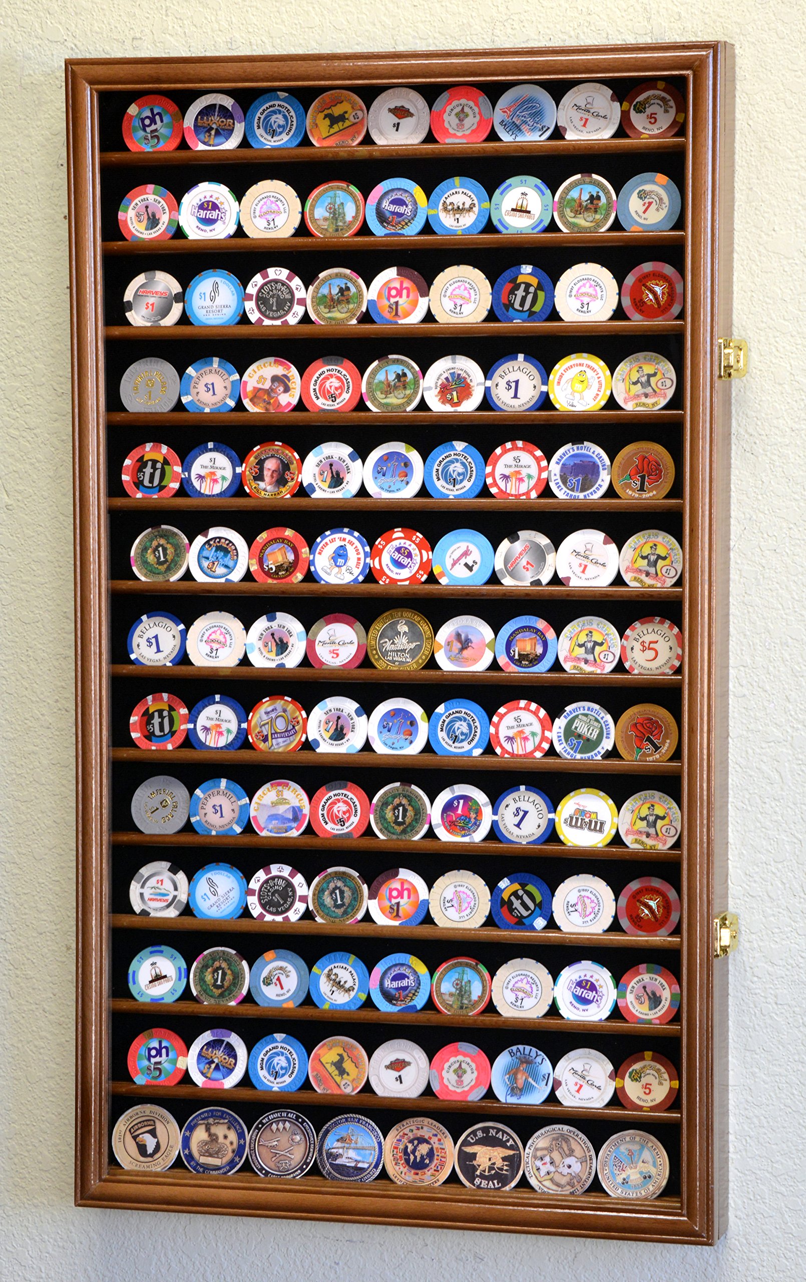 117 L Casino Chip Display Case - Lockable Wall Cabinet with 98% UV Protection for Poker Chips & Collectibles - Walnut Finish - Perfect for Home Game Rooms & Casinos