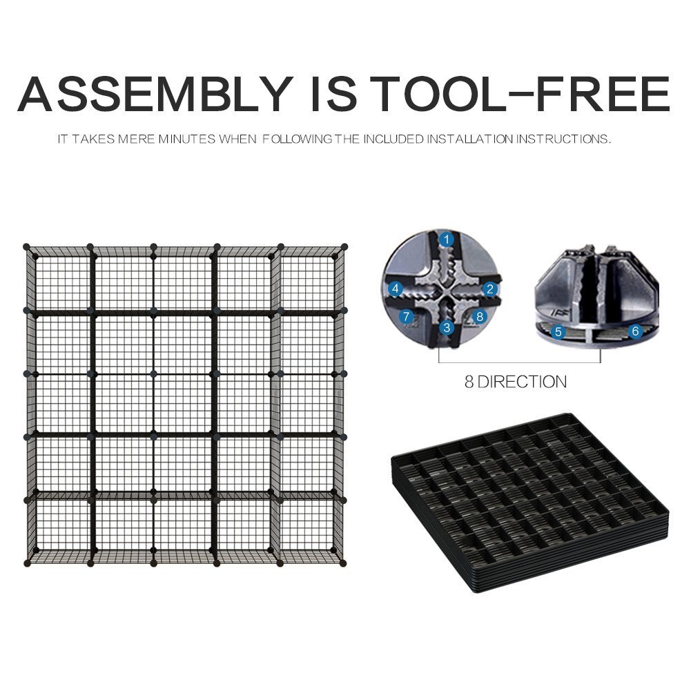 KOUSI 25-Cube DIY Wire Storage Shelf - Modular Metal Grid Organizer, Stackable Cubby Shelving for Closet, Office, Garage - Black