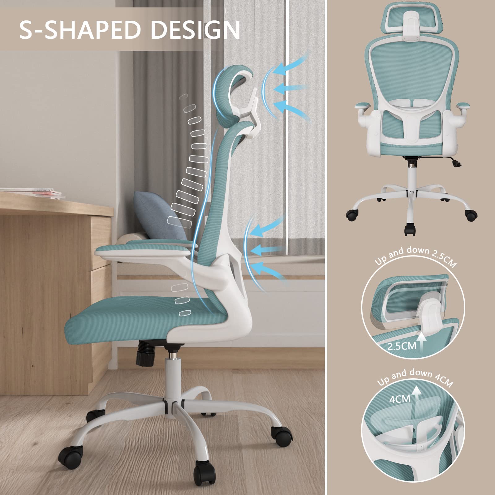 Ergonomic High Back Office Chair with Adjustable Lumbar Support & Headrest - Breathable Mesh Swivel Task Chair with Flip-Up Armrests - Perfect for Home Office, Gaming & Workspace Comfort