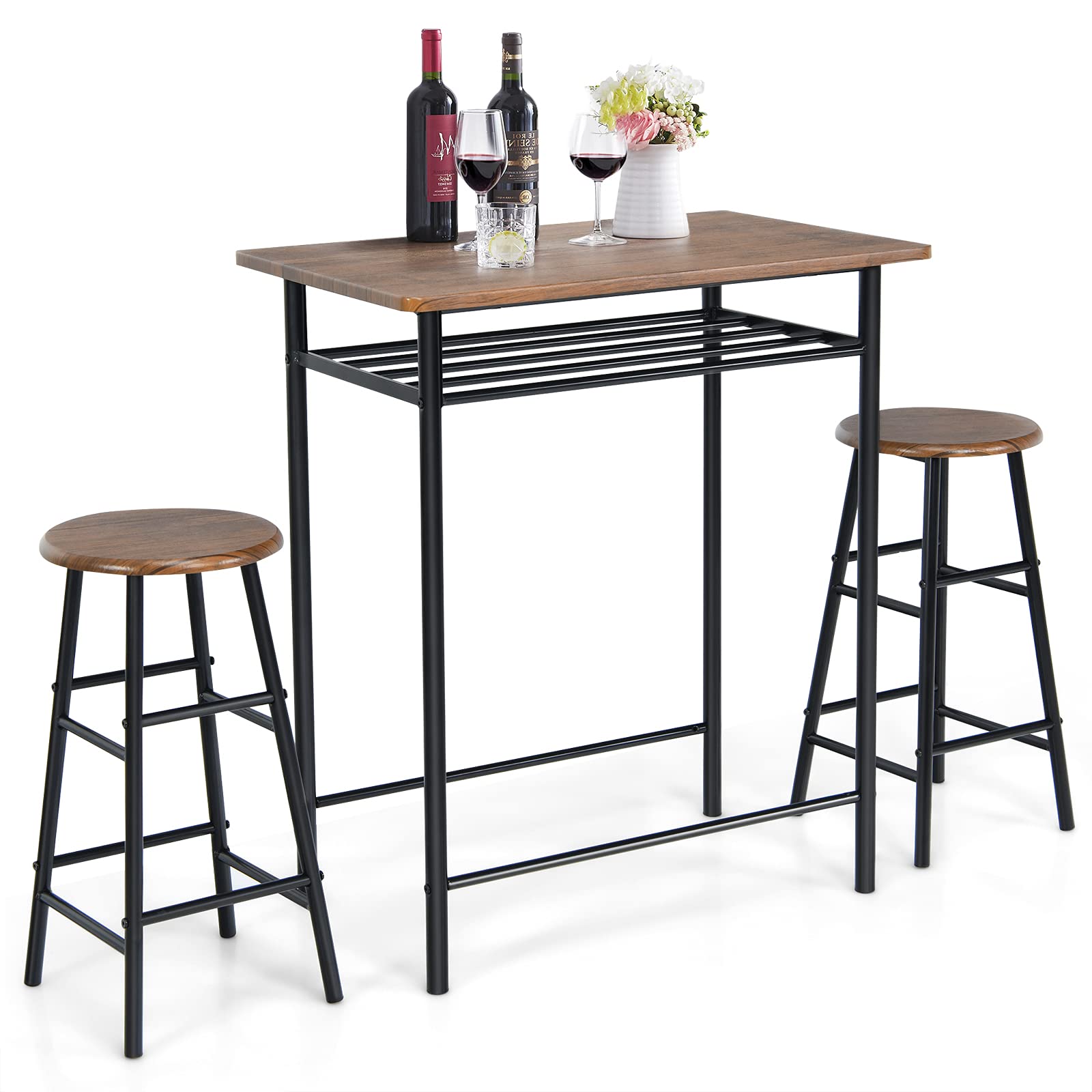 COSTWAY 3-Piece Compact Dining Table Set with 2 Bar Stools | Space-Saving Bistro Set with Metal Frame & Storage Shelf | Kitchen & Dining Room Pub Table | Perfect for Small Apartments, Breakfast Nooks & Outdoor Patios (Brown)