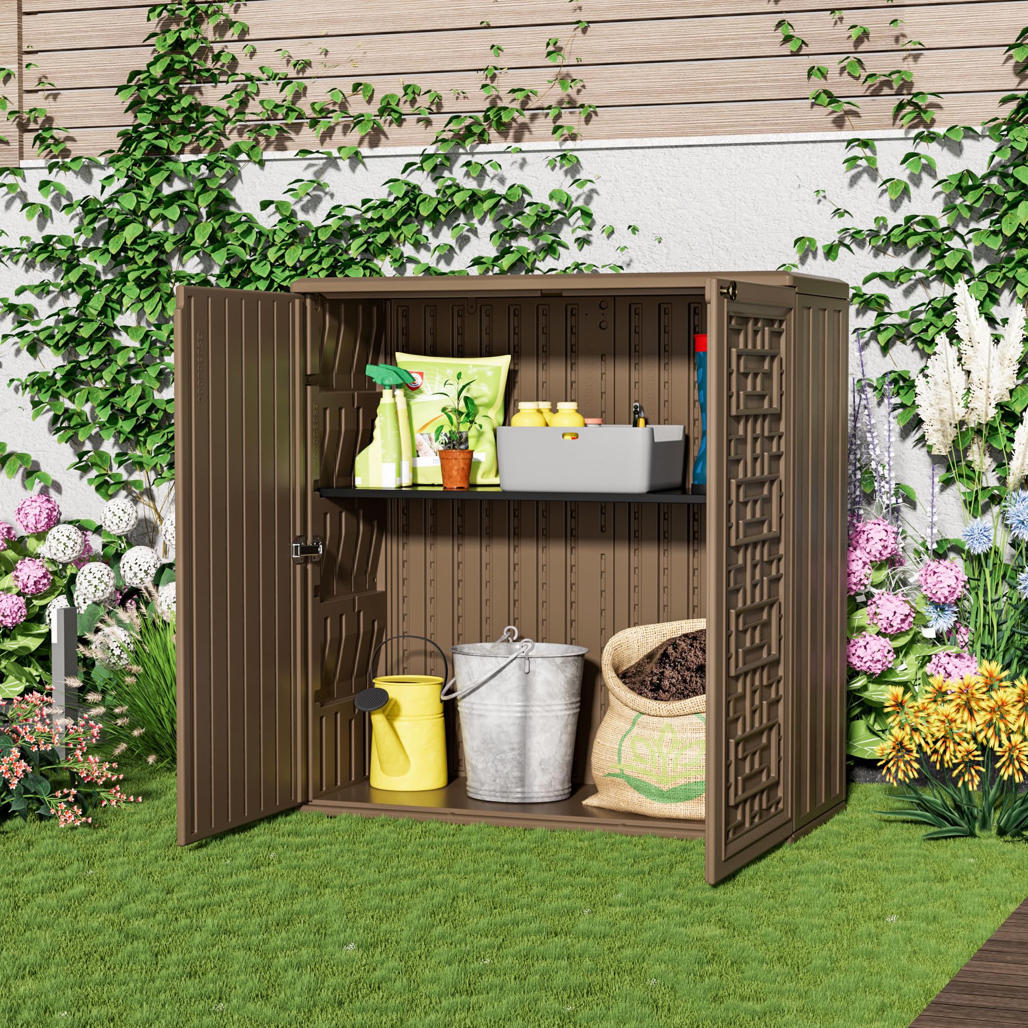 **KINYING 60 Gallon Outdoor Storage Cabinet - Waterproof Resin Deck Box for Patio Furniture Cushions, Garden Tools, Pool Accessories & Kids Toys - Dark Brown with Shelf - Perfect for Backyard, Deck & Poolside Organization**