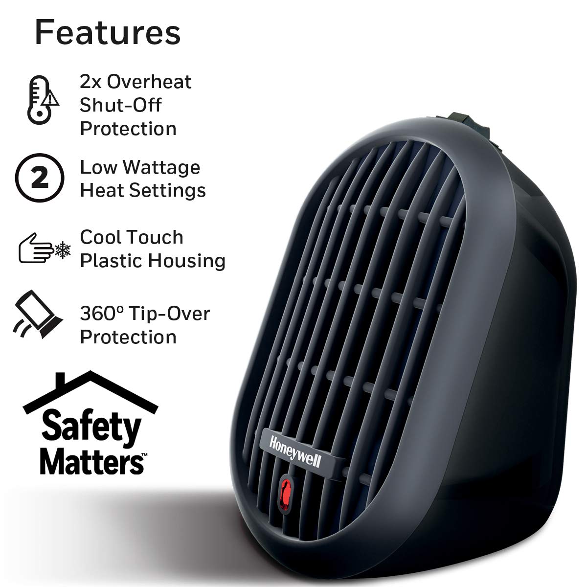 Honeywell HCE100BCD1 HeatBud® Personal Ceramic Heater - Compact Portable Space Heater for Office, Bedroom & Home Use - Black Energy Efficient Electric Heater with Adjustable Thermostat
