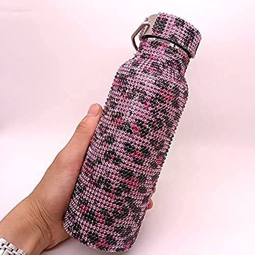 Sparkling Rhinestone Stainless Steel Water Bottle - 12/17/25oz Insulated Thermo Cup with Glitter Chain - Leopard Pink Design for Gym, Office & Travel (500ml, BPA Free)