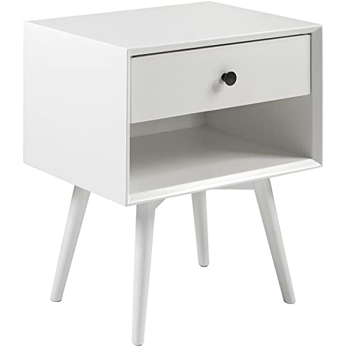 Pemberly Row Mid Century Modern 1-Drawer White Nightstand - Perfect Bedside Table for Small Spaces & Contemporary Bedrooms