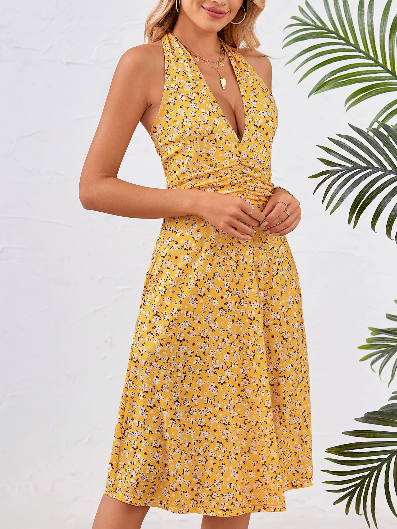 HUHOT Women's Floral Sundress - Sleeveless Halter Neck Summer Dress with Elastic Waist & Pockets, Ruffle Mini Dress for Beach Vacation, Garden Party, and Casual Outings