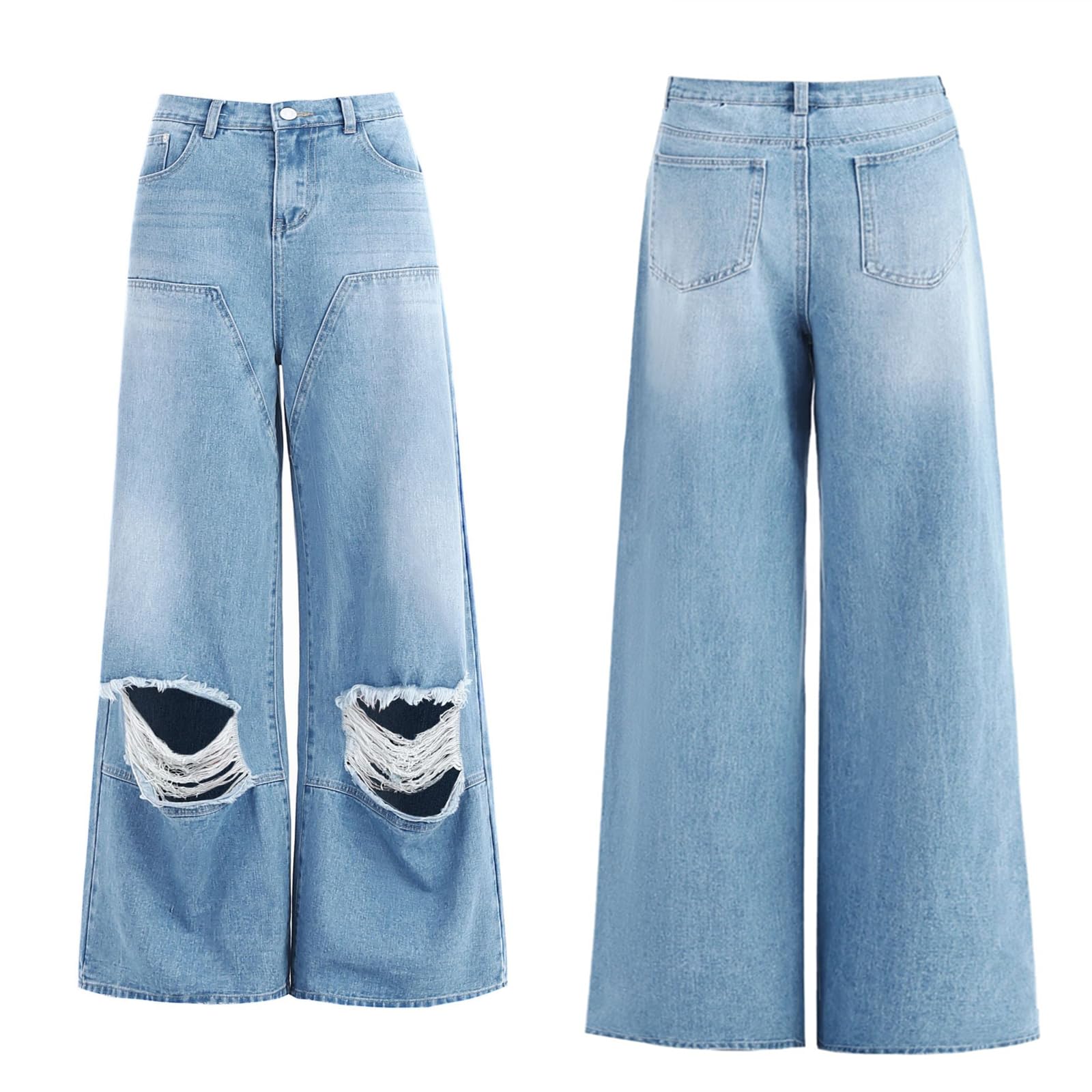 Women's Ripped Wide Leg Jeans - High Waist Baggy Boyfriend Jeans with Distressed Details | Perfect for Casual Outfits, Streetwear & Everyday Comfort