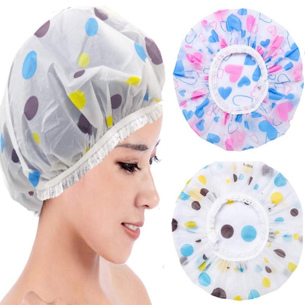 DEXO Adjustable Reusable Printed Shower Cap with Elastic Band for Men & Women - 2 Pack Waterproof Bathing Accessories (Multicolor) - Perfect for Travel, Spa, Swimming & Hair Care