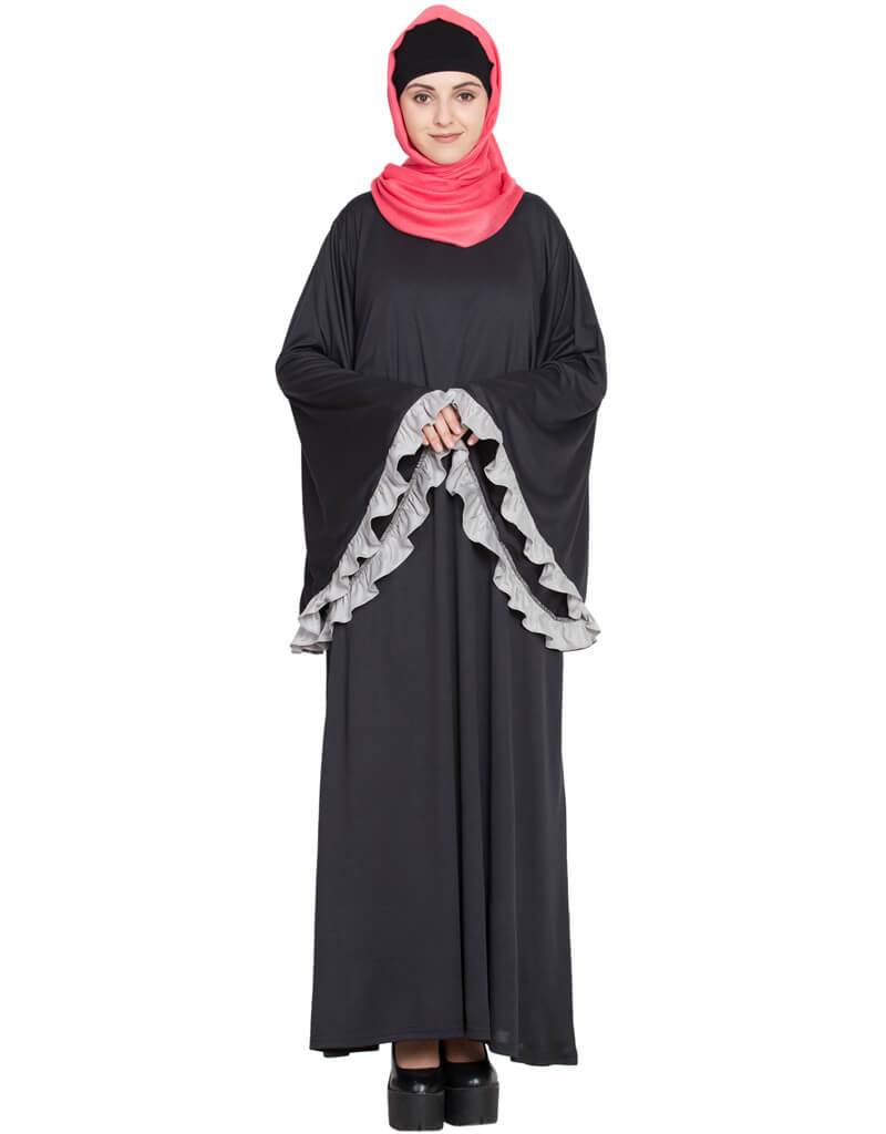 Elegant Arabic Butterfly Sleeve A-Line Casual Abaya Dress for Women - Grey Islamic Prayer Dress for Mosque, Eid & Everyday Wear