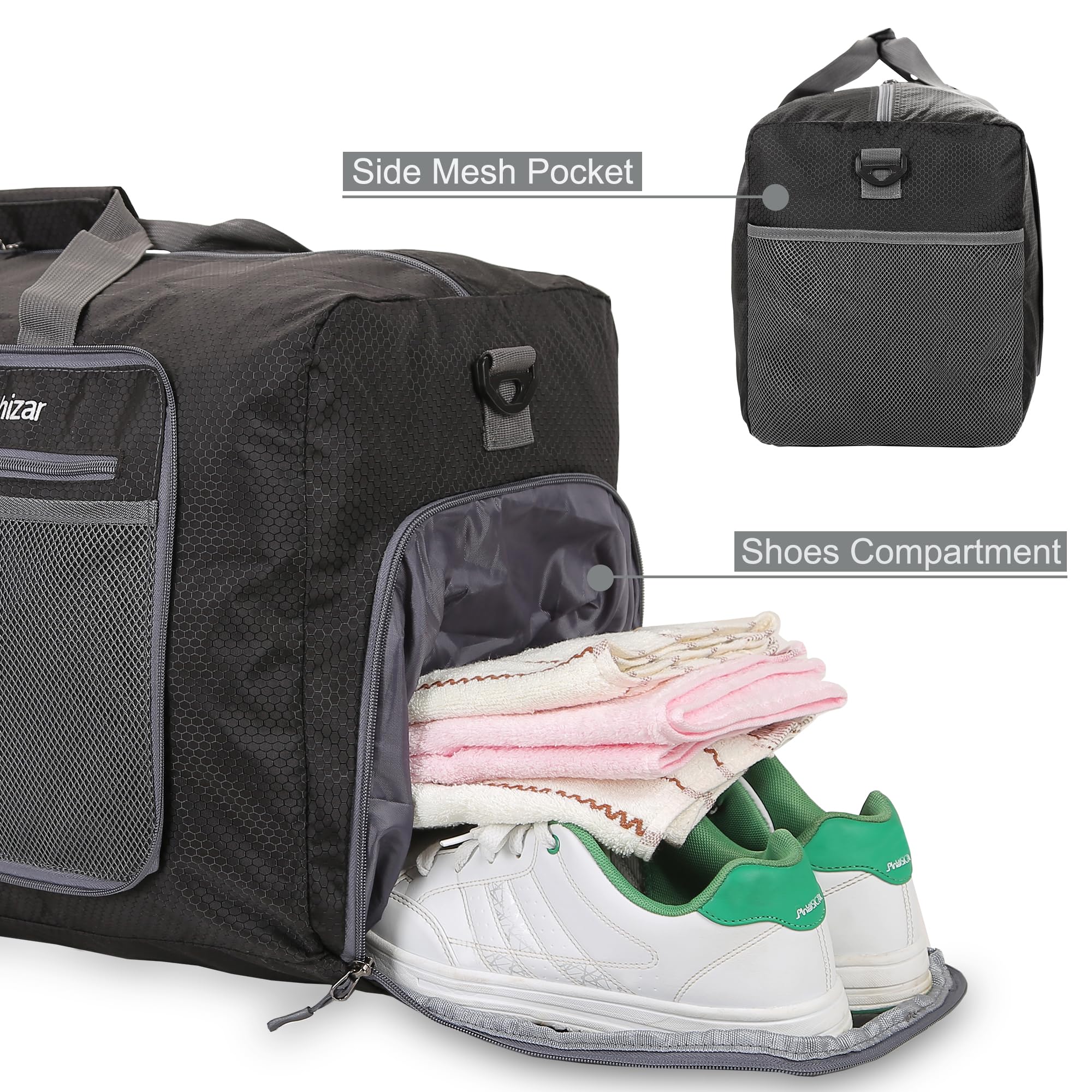 **60L Large Duffle Bag for Travel - 25 Inch Lightweight Foldable Weekender Duffel with Shoe Compartment & Adjustable Shoulder Strap - Perfect for Gym, Weekend Trips & Outdoor Adventures (Black, Unisex)**