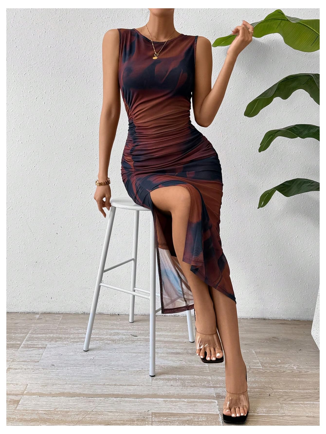 Milumia Women's Tie Dye Mesh Bodycon Maxi Dress - Sleeveless Crew Neck Long Summer Dress for Beach, Party & Casual Wear