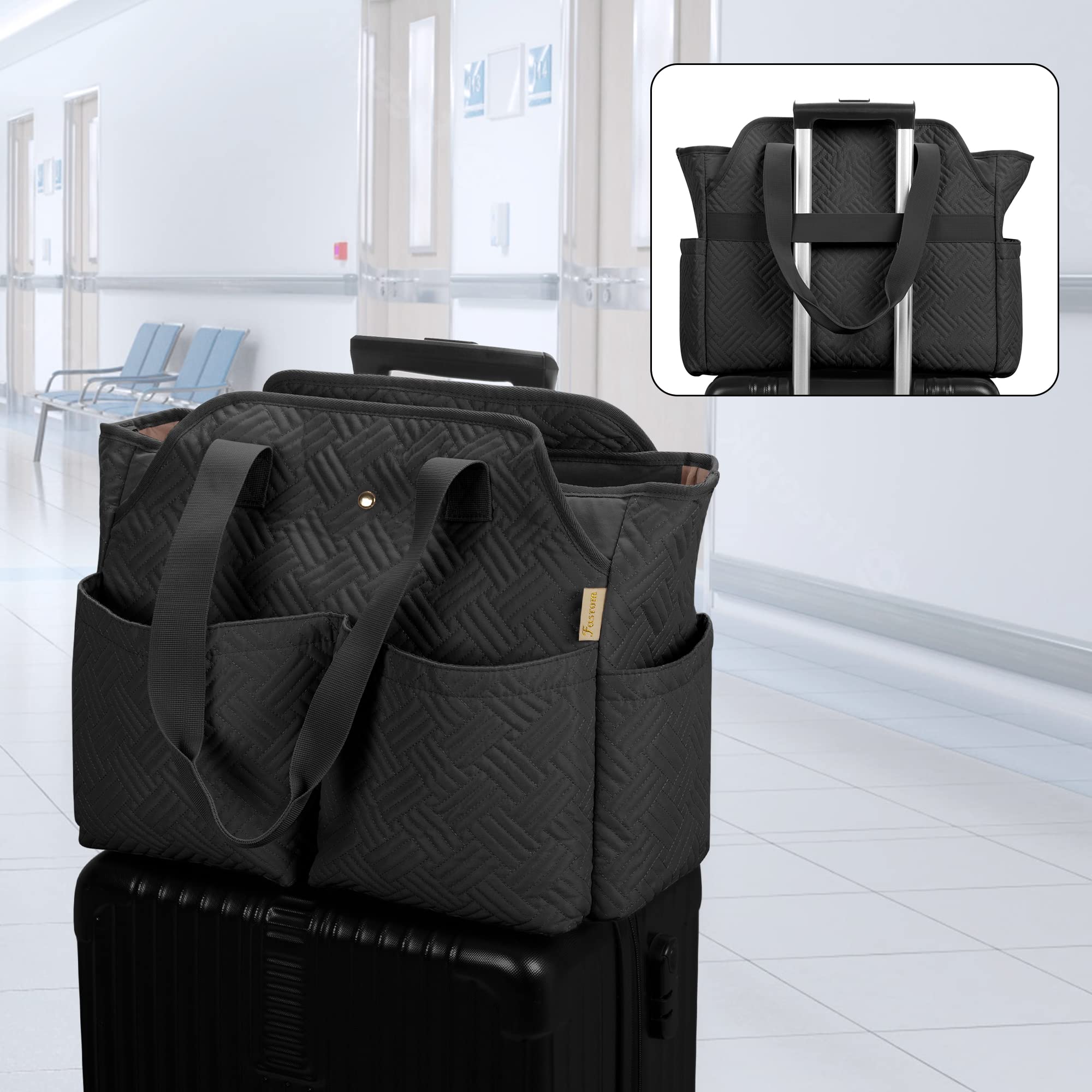 Fasrom Professional Nurse Tote Bag with Laptop Compartment - Durable Medical Work Bag for Nurses, Nursing Students & Doctors - Black (Empty) - Perfect for Hospital Shifts, Clinical Rotations & Healthcare Professionals