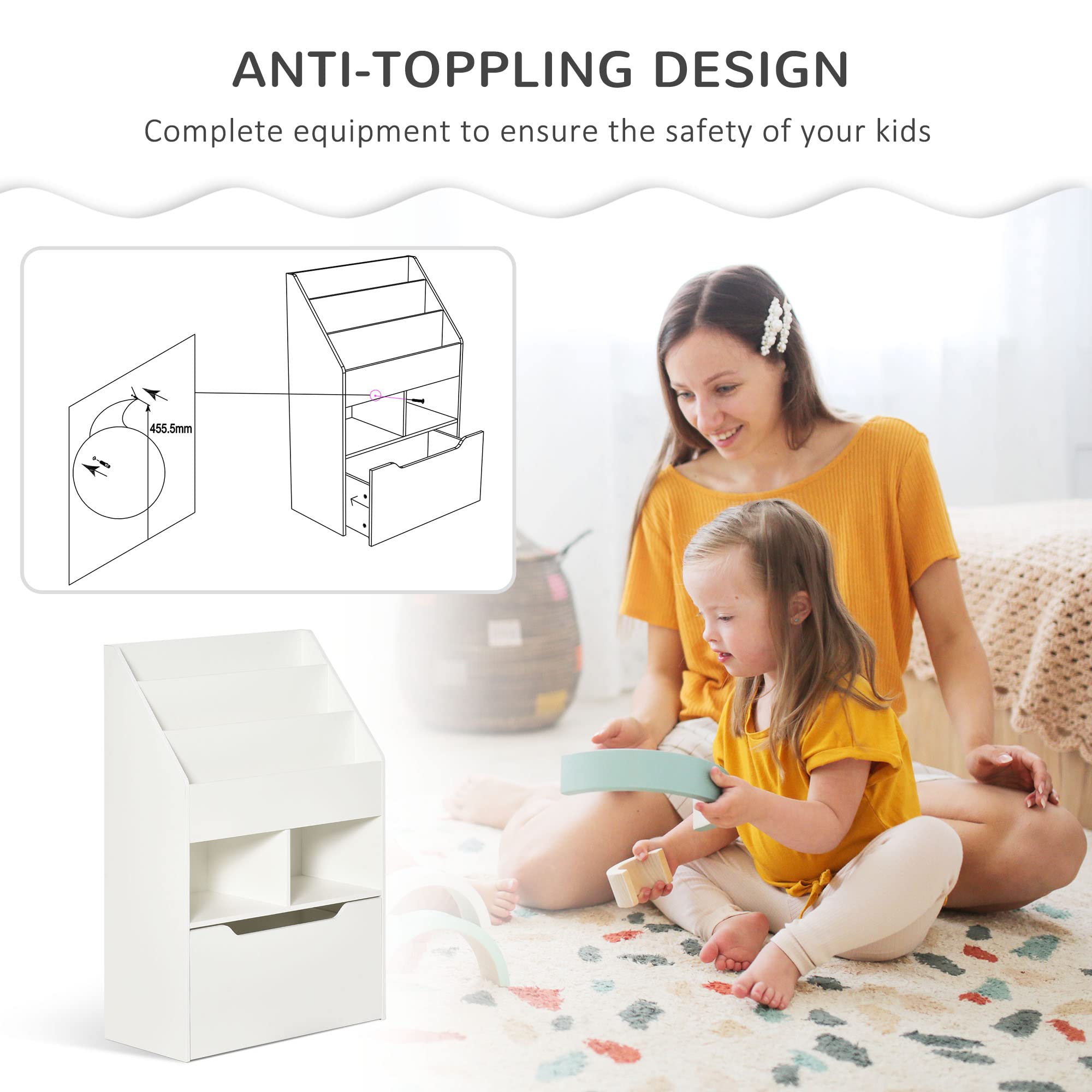 HOMCOM Kids Bookcase with Storage Drawer - 5-Tier Multi-Shelf Organizer for Books, Toys & School Supplies | Sturdy White Bookshelf for Playroom, Bedroom & Classroom | Space-Saving Children's Furniture