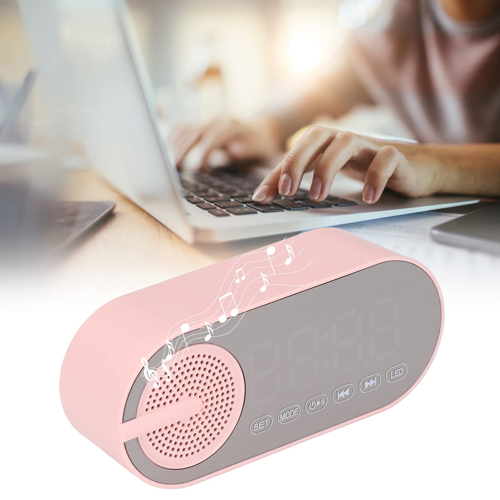 Wireless Bluetooth 5.0 Speaker Mirror Alarm Clock with FM Radio, USB Charging & SD Card Slot - Digital LED Display, Rechargeable Battery - Perfect for Bedroom, Travel & Hotel Use (Pink)