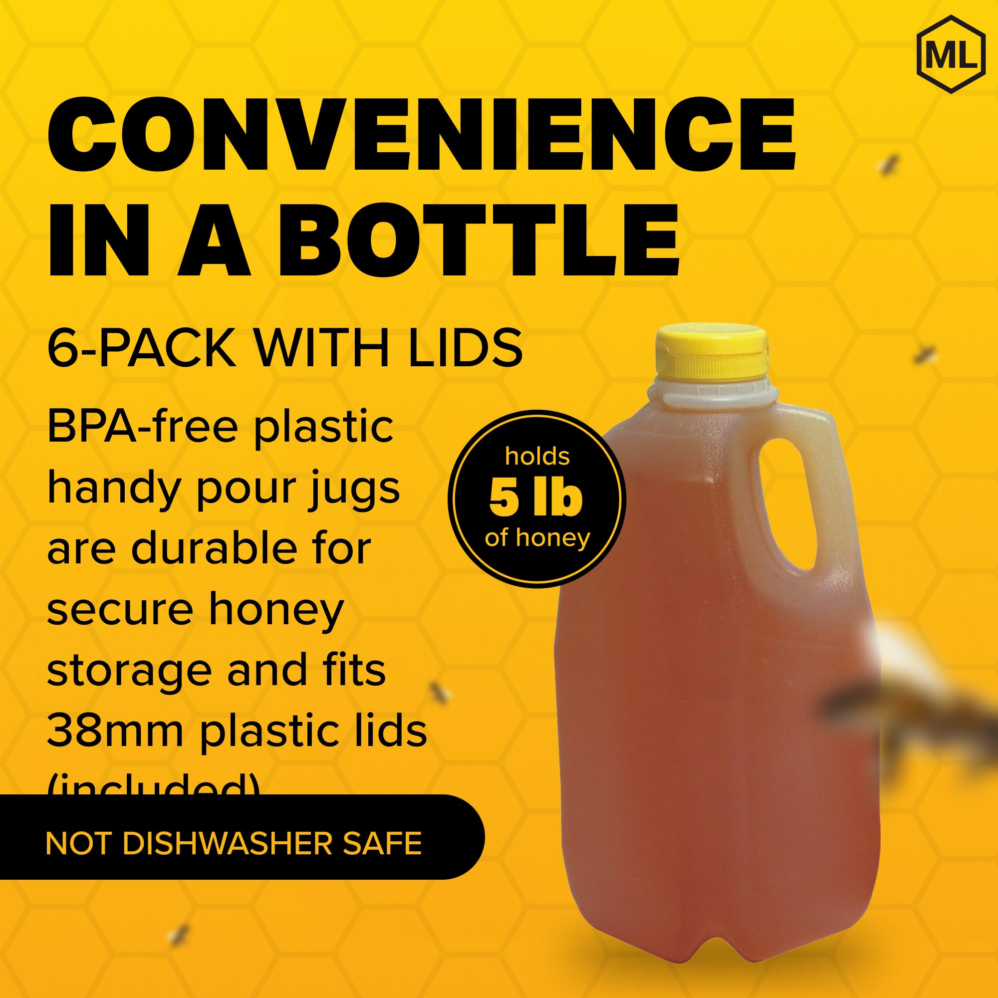 Mann Lake Refillable 5 lb Plastic Honey Jugs with Yellow Flip-Top Lids | Empty Bottles for Honey Storage & Dispensing | 6-Pack (Honey Not Included) | Perfect for Home Beekeeping, Farmers Markets & DIY Honey Gifts