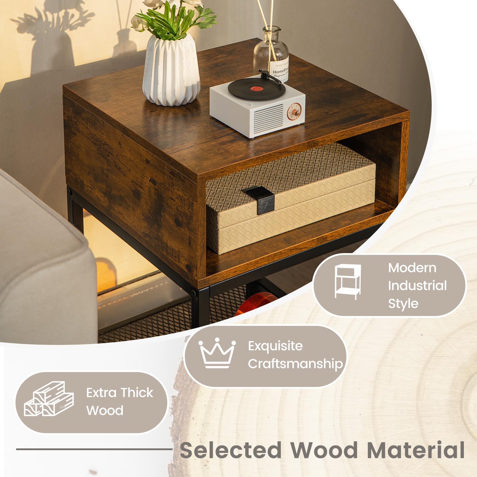 Giantex 2-Tier Industrial End Table Set of 2 with Open & Mesh Storage Shelves - Sturdy Metal Frame Telephone Table for Small Spaces - Rustic Brown Bedside Nightstand for Living Room & Bedroom - Perfect for Compact Apartments, Dorms and Office Spaces