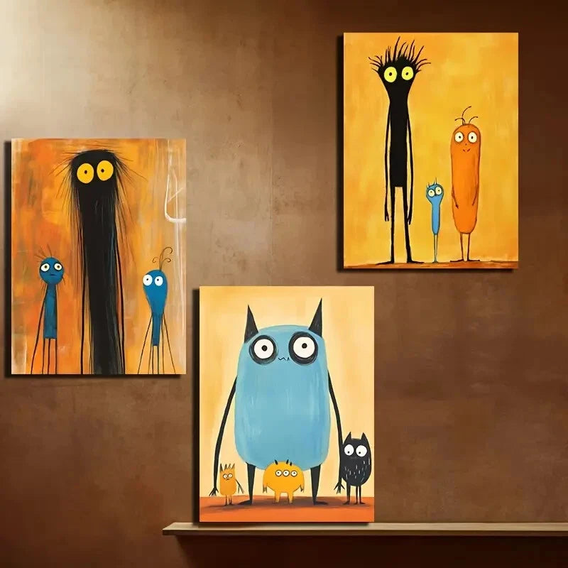 3-Piece Owls, Aliens & Friends Modern Wall Art Set - Framed Canvas 40x60cm (16x24in) - High Quality Australian Made Prints - Ready to Hang for Living Room, Bedroom or Office Decor