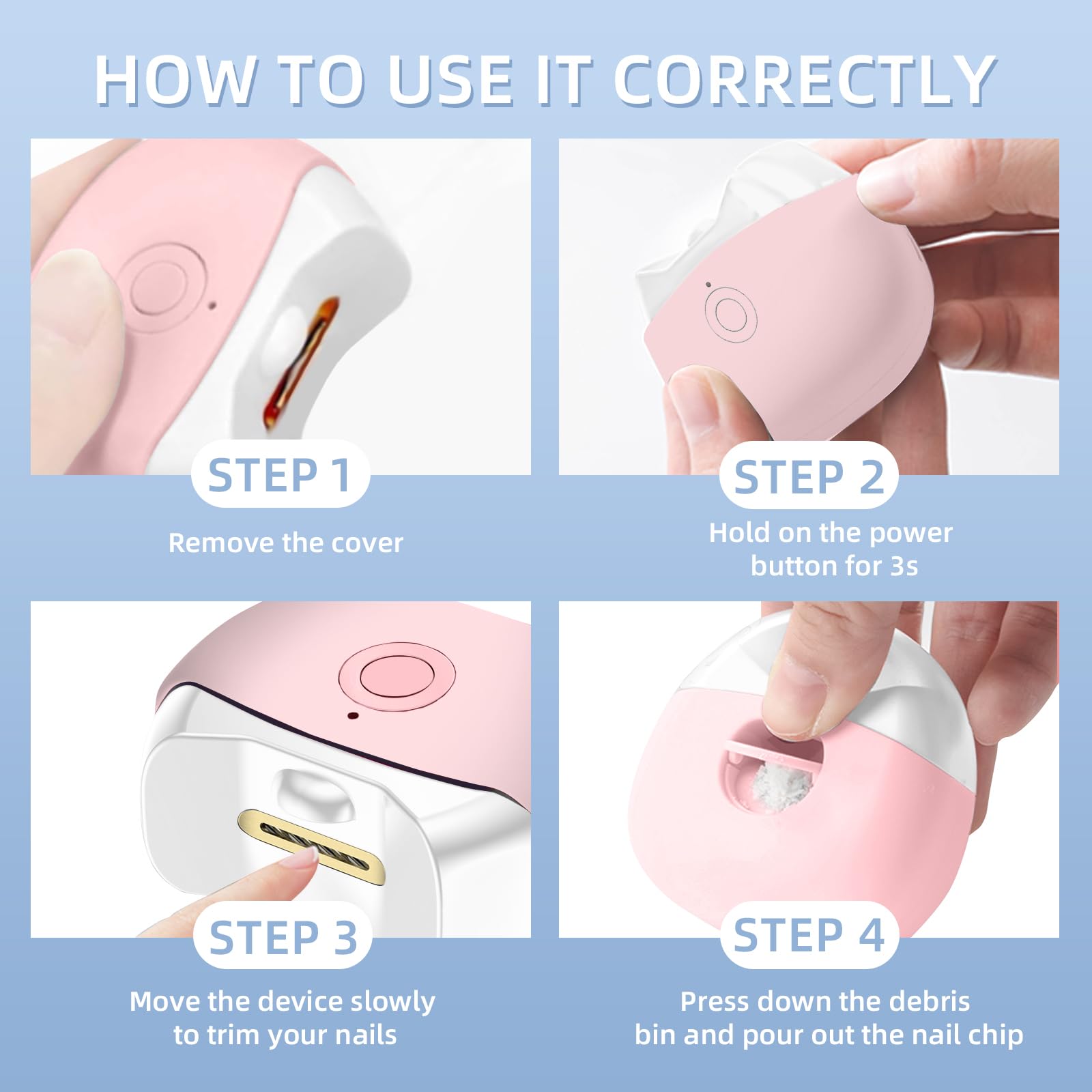 Electric Nail Clippers for Adults & Kids - Cordless Rechargeable Automatic Nail Trimmer with LED Light, 2 Speed Settings - Safe Fingernail & Toenail Cutter for Home, Travel & Elderly Care (Pink)