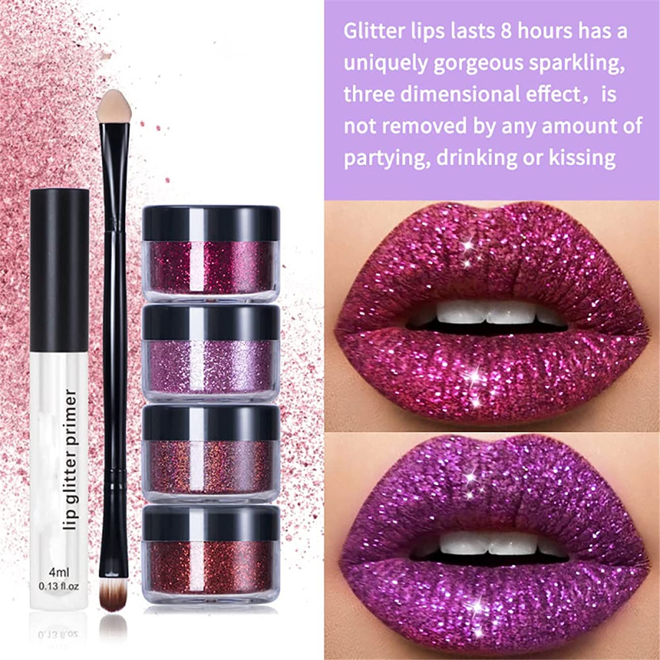 LELEBEAR 4 Colors Glitter Lip Gloss Set - Diamond Glitter Metallic Lipstick, Waterproof & Stain Resistant Lip Balm with Brush (Warm Colors, Medium) - Perfect for Parties, Date Nights & Special Occasions