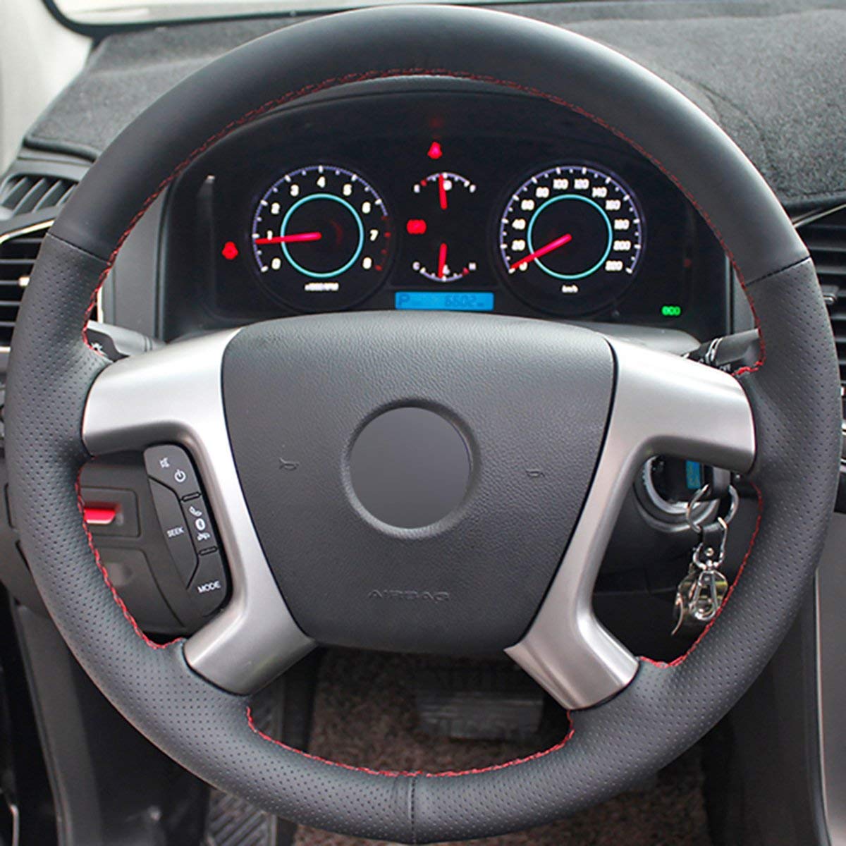 Custom Black PU Leather Steering Wheel Cover for Chevrolet Captiva 2007-2014, Daewoo Winstorm, Silverado 2007-2013, GMC Sierra 2007-2013 - Non-Slip Grip, Easy Installation, Perfect for Road Trips & Daily Commutes