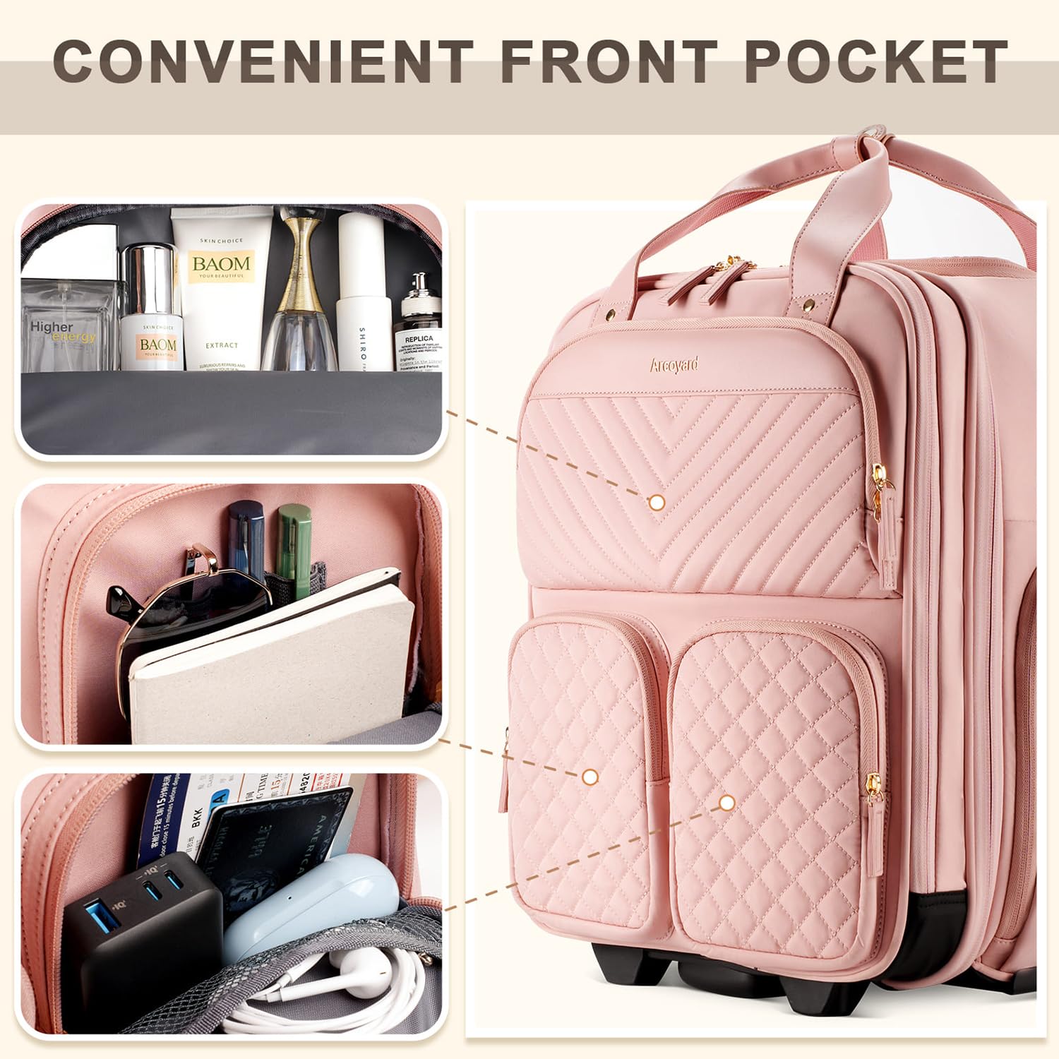 Lightweight Underseat Carry-On Luggage with Wheels - Airline Approved Personal Item Bag with Multiple Compartments, Rolling Suitcase for Women (Pink) - Perfect for Business Trips, Weekend Getaways & Air Travel