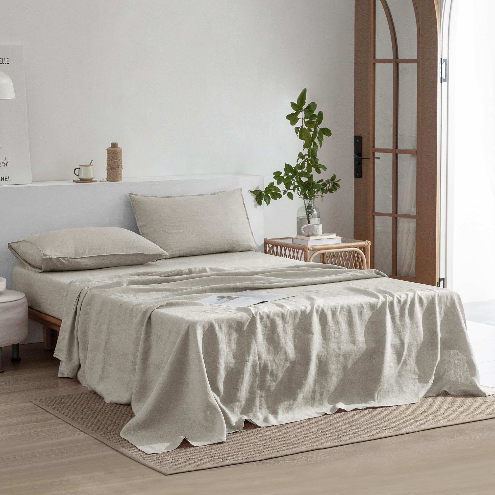 Premium 100% French Pure Linen Sheets Set Twin Size - 3 Piece Natural Bedding (Flat Sheet, Fitted Sheet, Pillowcase) for Hot Sleepers | Stonewashed Undyed Deep Pocket | Breathable & Cooling for Summer Nights & All-Season Comfort