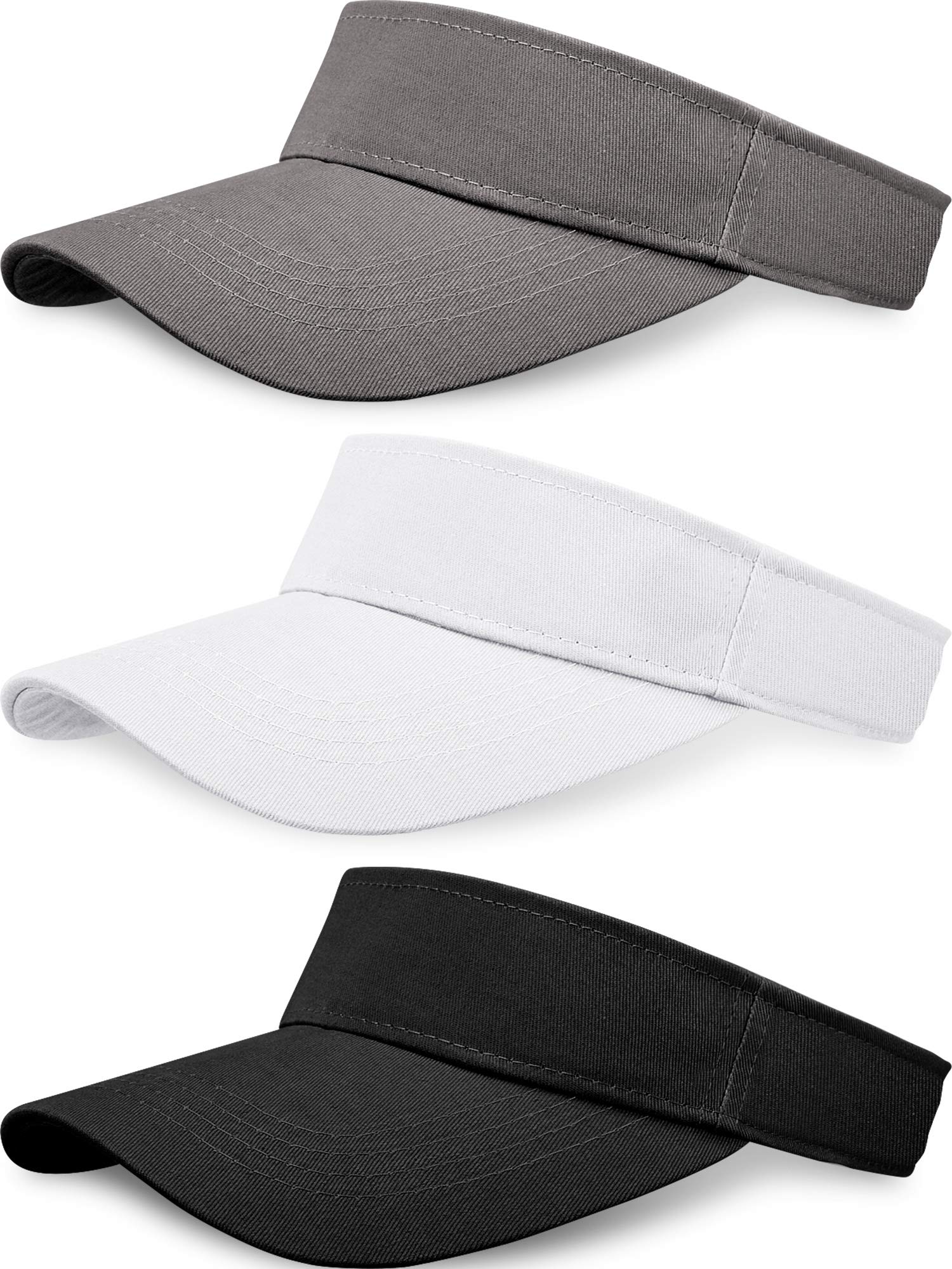 3 Pack Adjustable Sun Visor Hats for Men & Women - UV Protection Sports Cap in Black, White, Gray - Perfect for Running, Golf, Tennis & Outdoor Activities