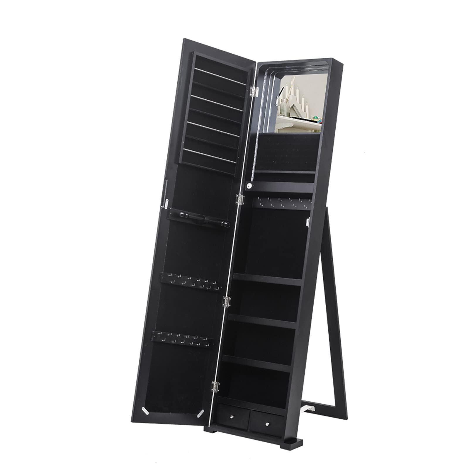 Savins GT1-DL 79 Blue LED Jewelry Cabinet with Long Mirror - Upright Jewelry Storage Organizer for Necklaces, Rings & Bracelets - Perfect for Bedroom, Closet or Dressing Room (Black)