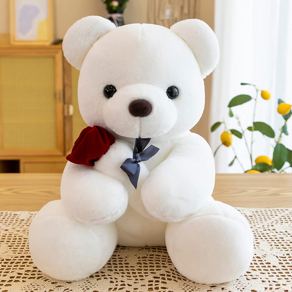 Cute White Teddy Bear Plush Stuffed Animal with Rose - 13.7 Inch Soft Rose Bear Gift for Valentine's Day, Birthday, Christmas | Perfect Present for Girlfriend, Kids, Loved Ones | Ideal for Bedroom Decor, Nursery, Romantic Surprises