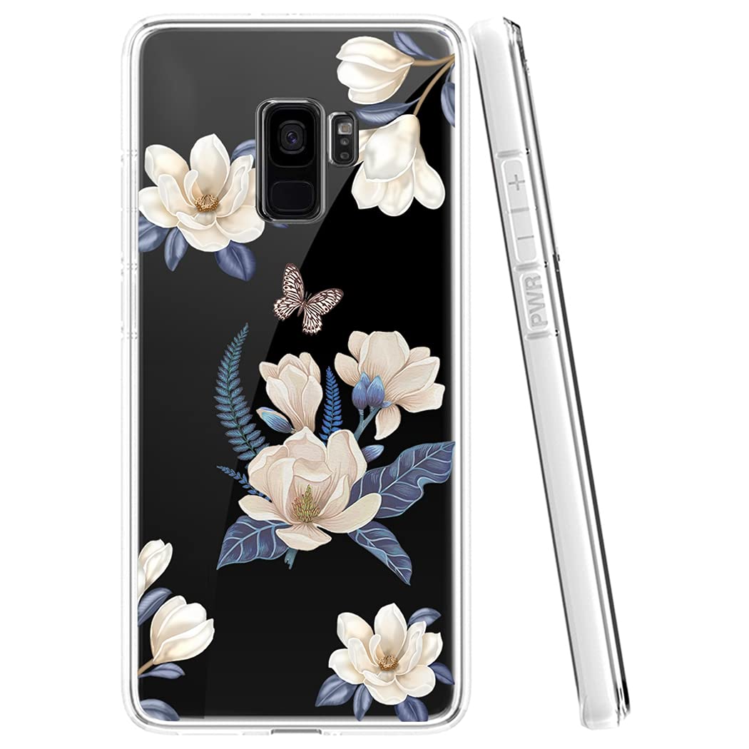 Cute Clear Slim Shockproof Samsung Galaxy S9 Case for Women - Soft Flexible TPU Rubber Protective Phone Cover with Floral Pattern (White Flower) | Perfect for Everyday Use, Work & Travel Protection