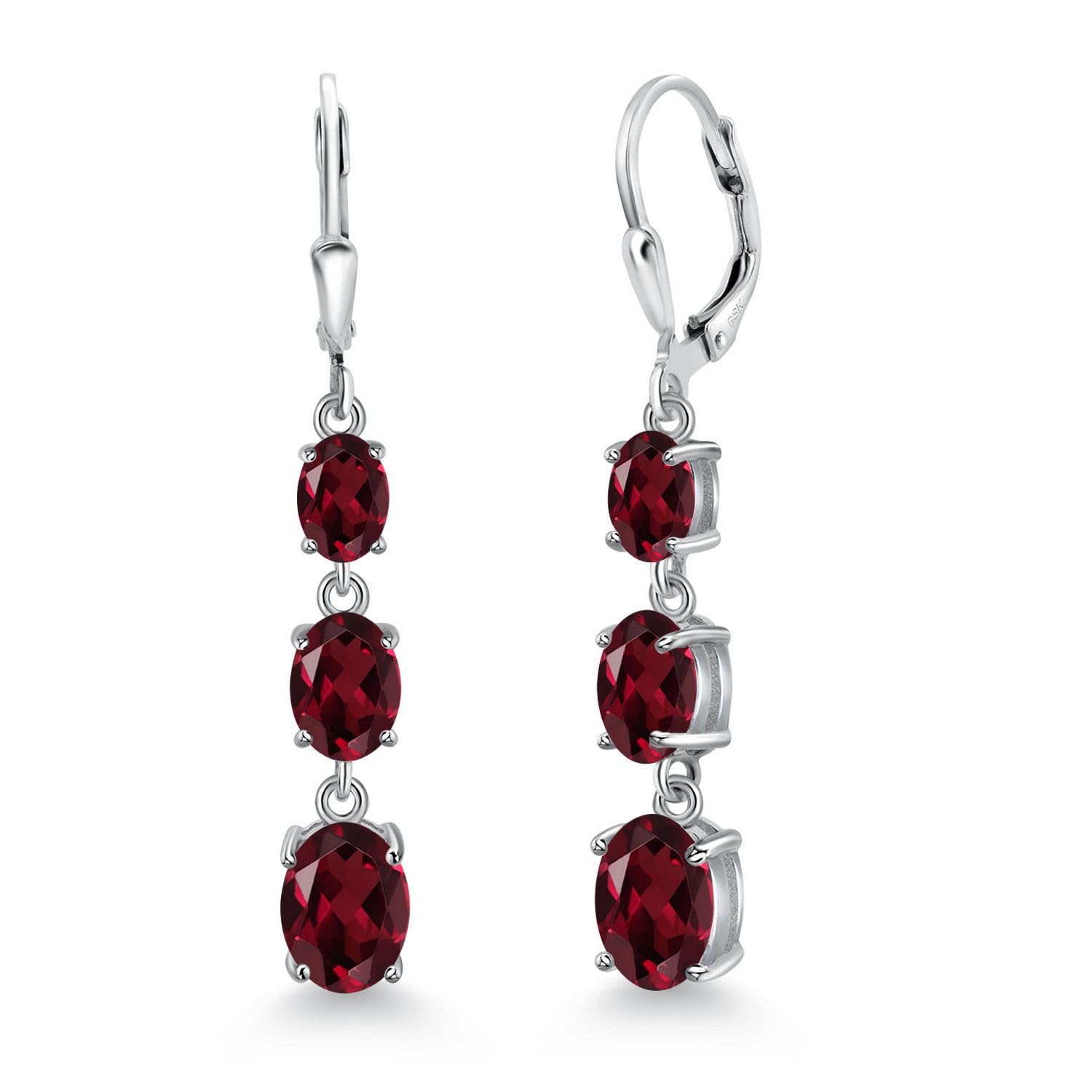 Gem Stone King 3-Stone Leverback Drop Dangle Earrings for Women - 925 Sterling Silver Birthstone Jewelry | Oval 8x6mm, 7x5mm & 6x4mm Gemstones | Elegant Gift for Mom, Wife, Her | Perfect for Weddings, Anniversaries & Special Occasions