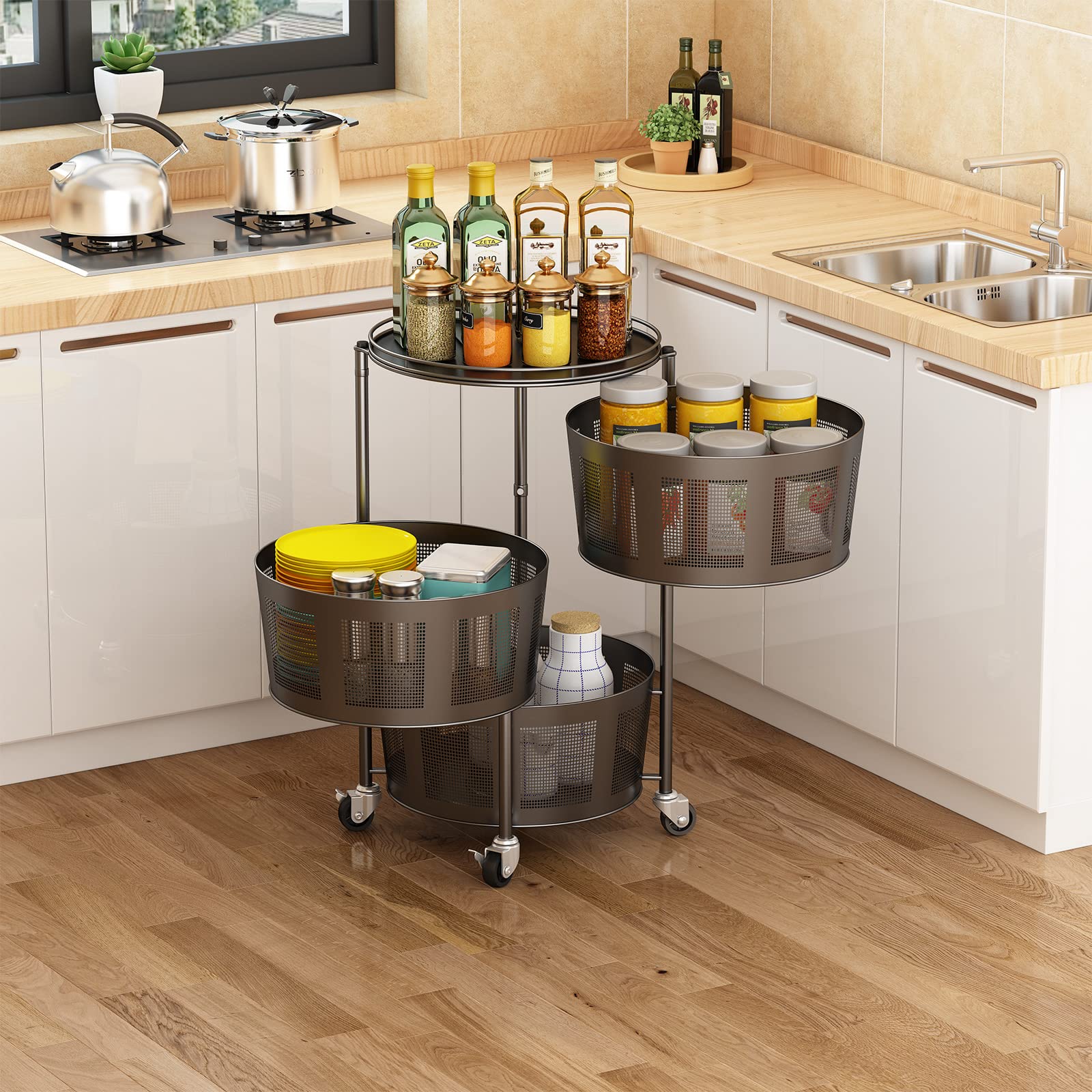 3-Tier Rotating Kitchen Storage Rack with Wheels - Round Spinning Organizer Shelf for Vegetables, Fruits & Pantry Items - Space-Saving Floor Standing Storage Basket for Kitchen, Living Room & Bathroom - Black (Perfect for Small Spaces & Clutter-Free Organization)