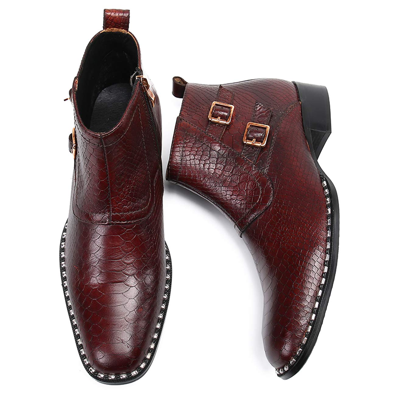 Men's Leather Dress Boots with Round Toe & Side Zipper - Formal & Casual Red Boots for Work, Office & Special Occasions