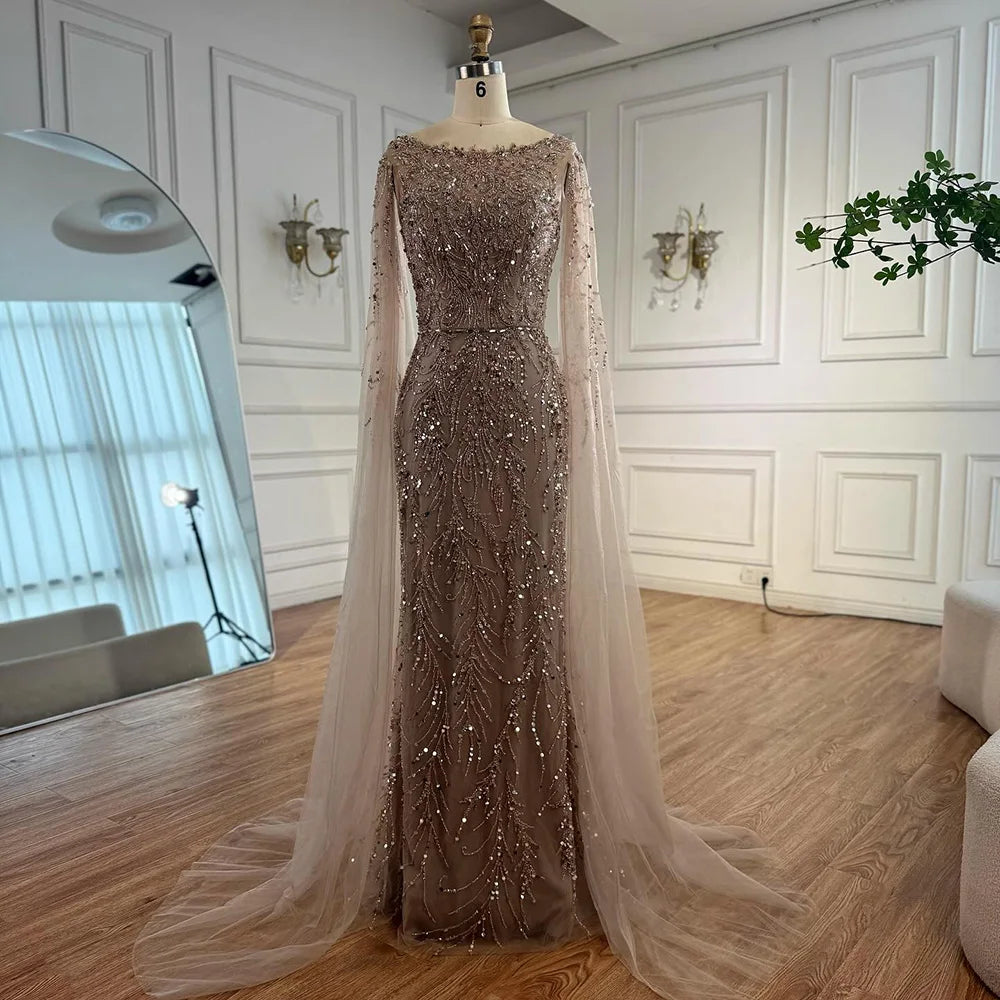 Elegant Beaded Caramel Evening Gown with Cape Sleeves - LA73078 | Perfect for Formal Events, Galas & Red Carpet Occasions