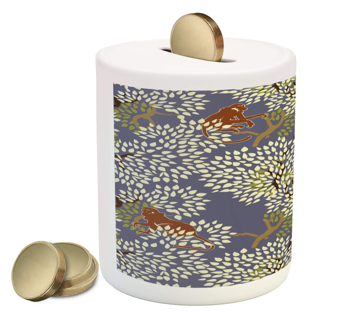 Lunarable Gorilla Piggy Bank - Exotic Forest Theme Ceramic Money Box with Abstract Jungle Floral Pattern, Trees Leaves & Monkeys for Cash Saving | Perfect Gift for Kids, Home Decor & Office Savings (Multicolor)