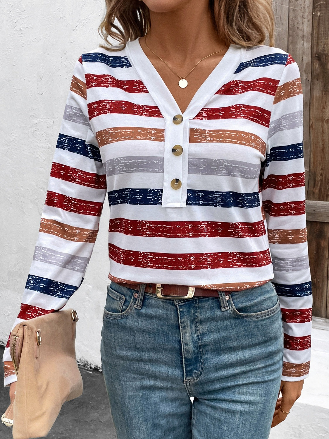 Stylish Contrast Striped V-Neck Long Sleeve T-Shirt for Men & Women | Casual & Layering Essential | Perfect for Office, Date Night & Weekend Outfits