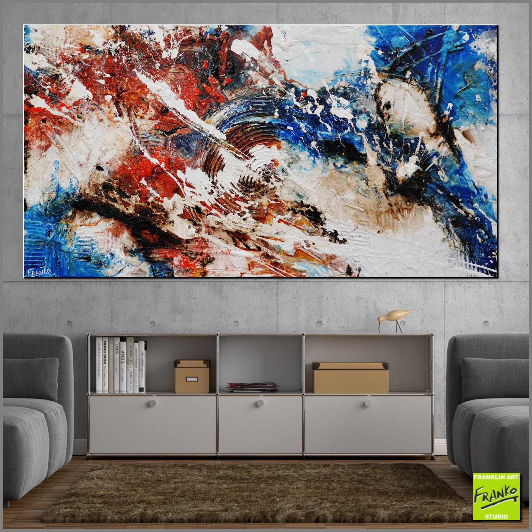 Desert Riches 190cm x 100cm Blue Red White Textured Abstract Canvas Art - Modern Wall Decor for Living Room, Bedroom & Office