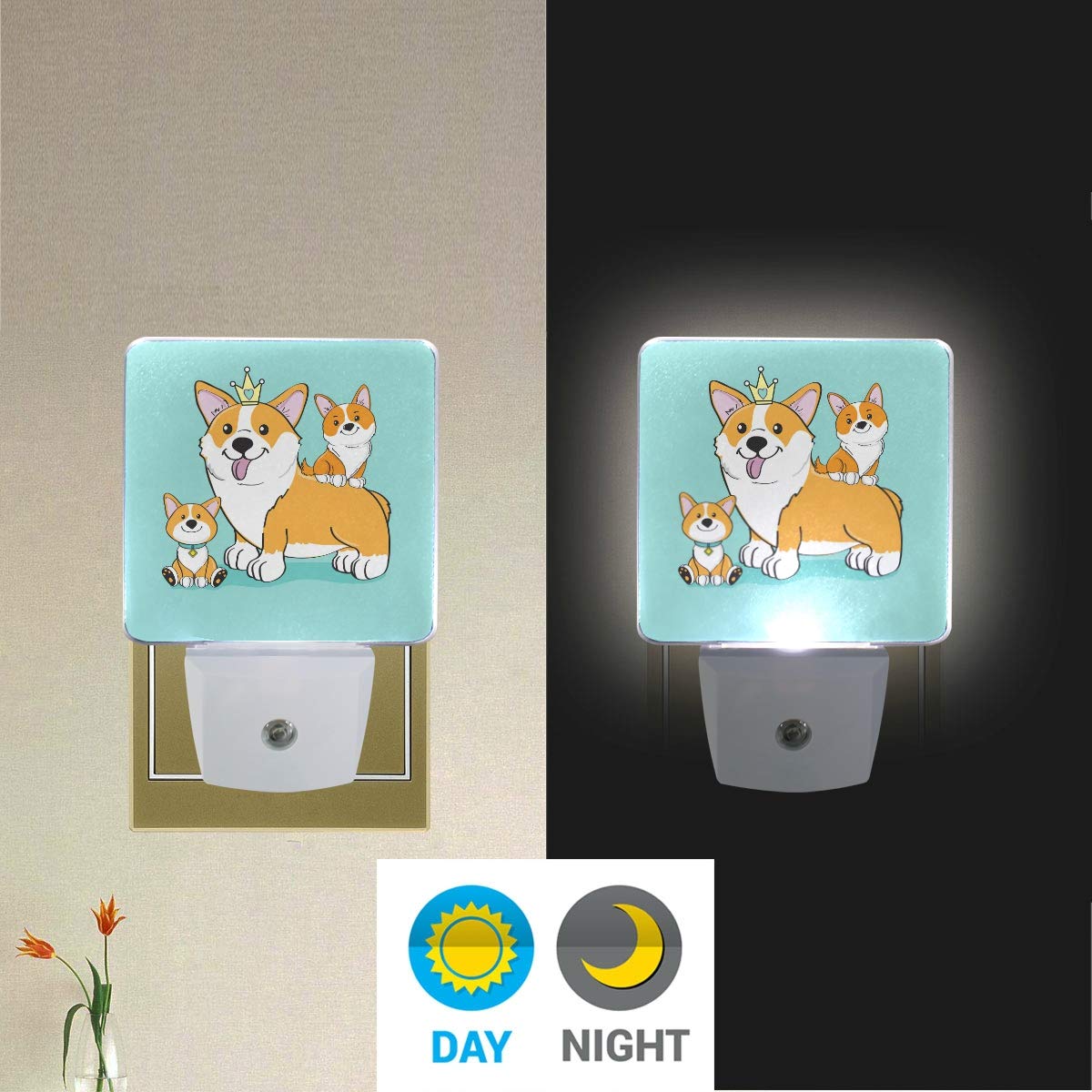 Vikko Cute Corgi Family Night Light - 2 Pack LED Plug-in Nightlight with Dusk to Dawn Sensor for Bedroom, Nursery, Living Room & Hallway | Perfect for Kids, Adults & Home Decor | Creates Cozy Atmosphere for Nighttime Reading and Safe Navigation