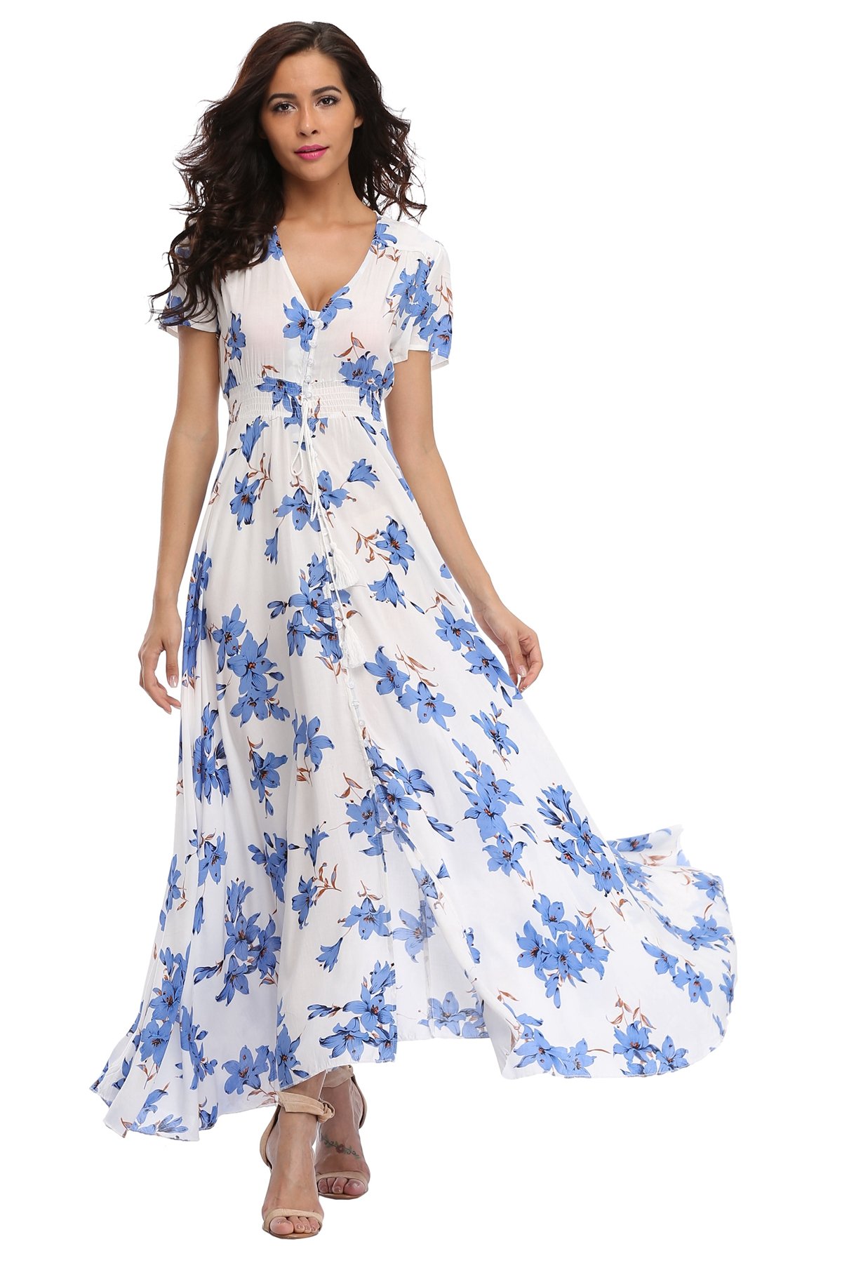 Boho Floral Maxi Dress for Women - Summer Button Up Split Flowy Beach Dress | Perfect for Beach Parties, Vacations & Outdoor Events