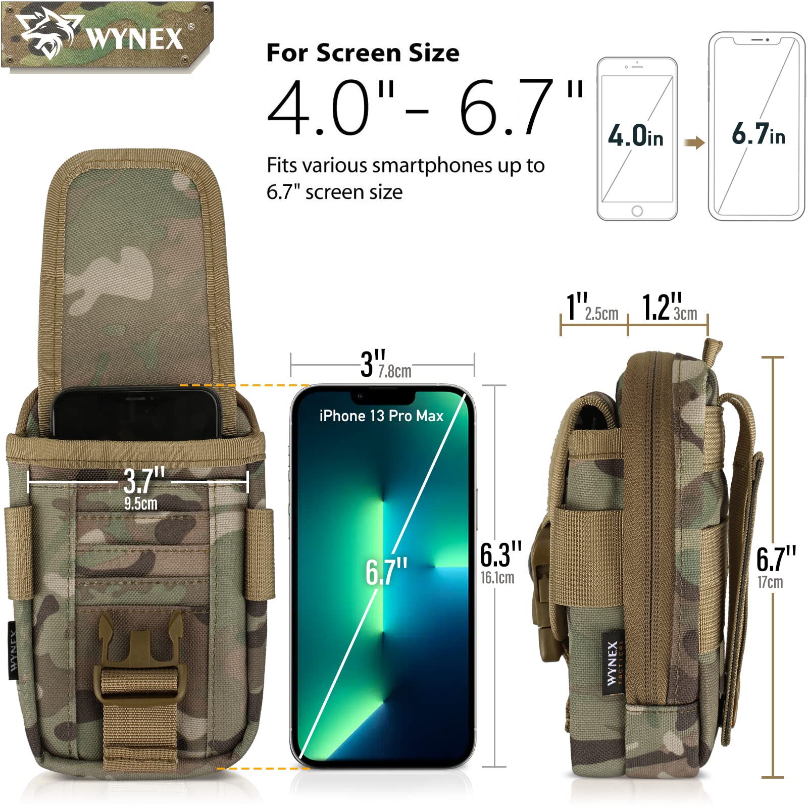 WYNEX Tactical Compass Phone Pouch - Large MOLLE Smartphone Case with Compass Buckle & Carabiner | EDC Utility Pouch for Hiking, Camping & Outdoor Adventures | Fits iPhone 15/14/13 Pro Max & Galaxy S23 Ultra