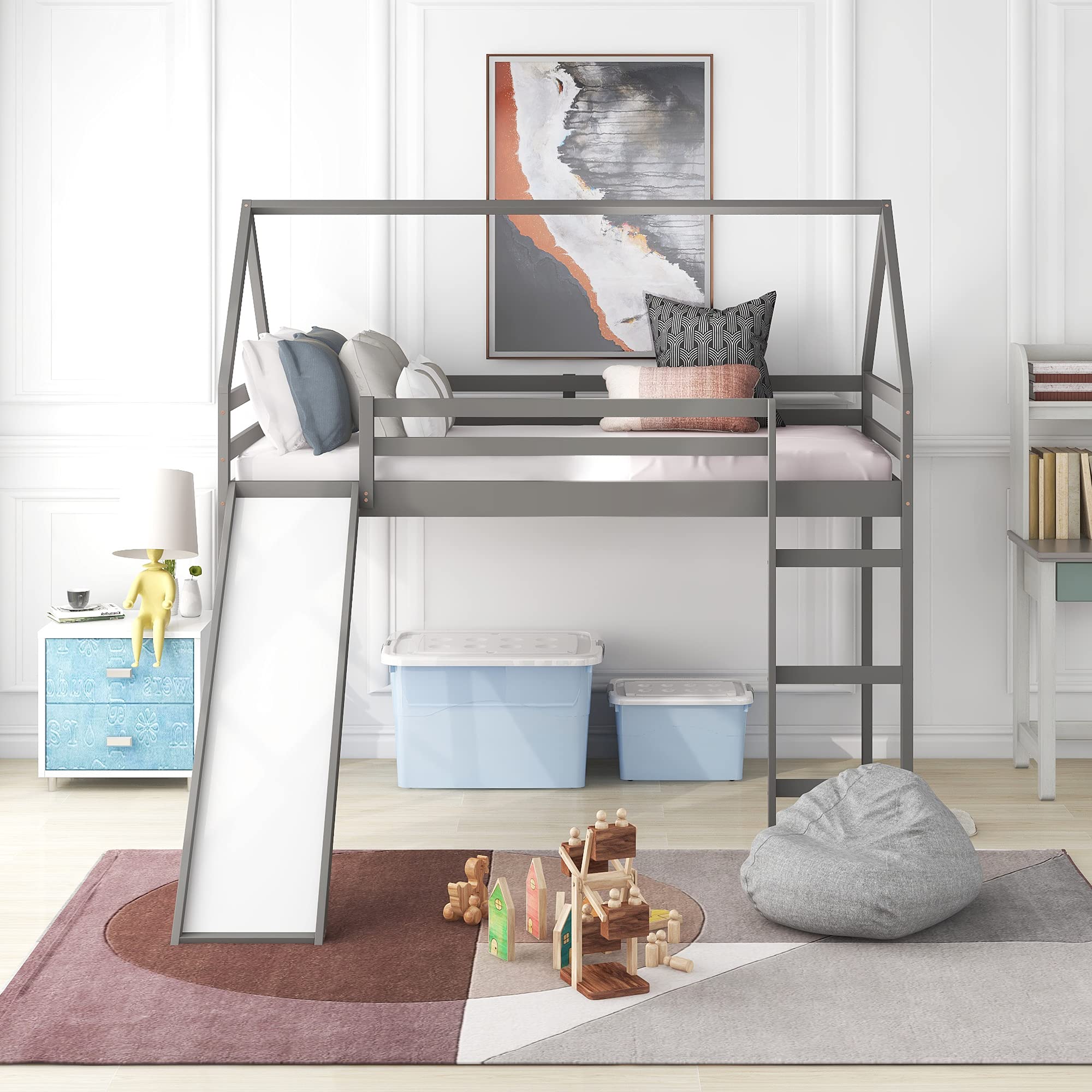 Twin Size Loft Bed with Slide - Kids House Bed with Roof & Ladder, Space-Saving Wooden Bed Frame, No Box Spring Needed (Gray) - Perfect for Small Bedrooms, Playrooms & Kids' Sleepovers