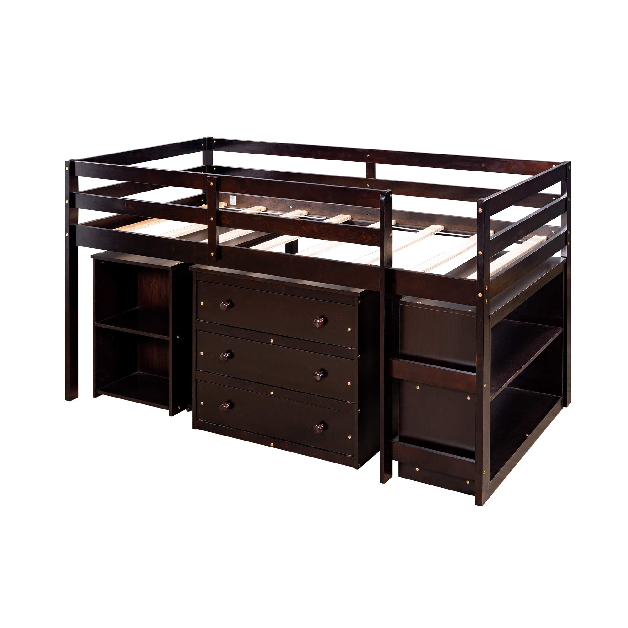 Twin Low Loft Bed with Study Desk - Kids Bed with Rolling Portable Desk, Storage Shelf, Safety Guard Rail & Drawers Cabinet for Bedroom, Dorm Room (Espresso) | Space-Saving Study & Sleep Solution for Small Rooms
