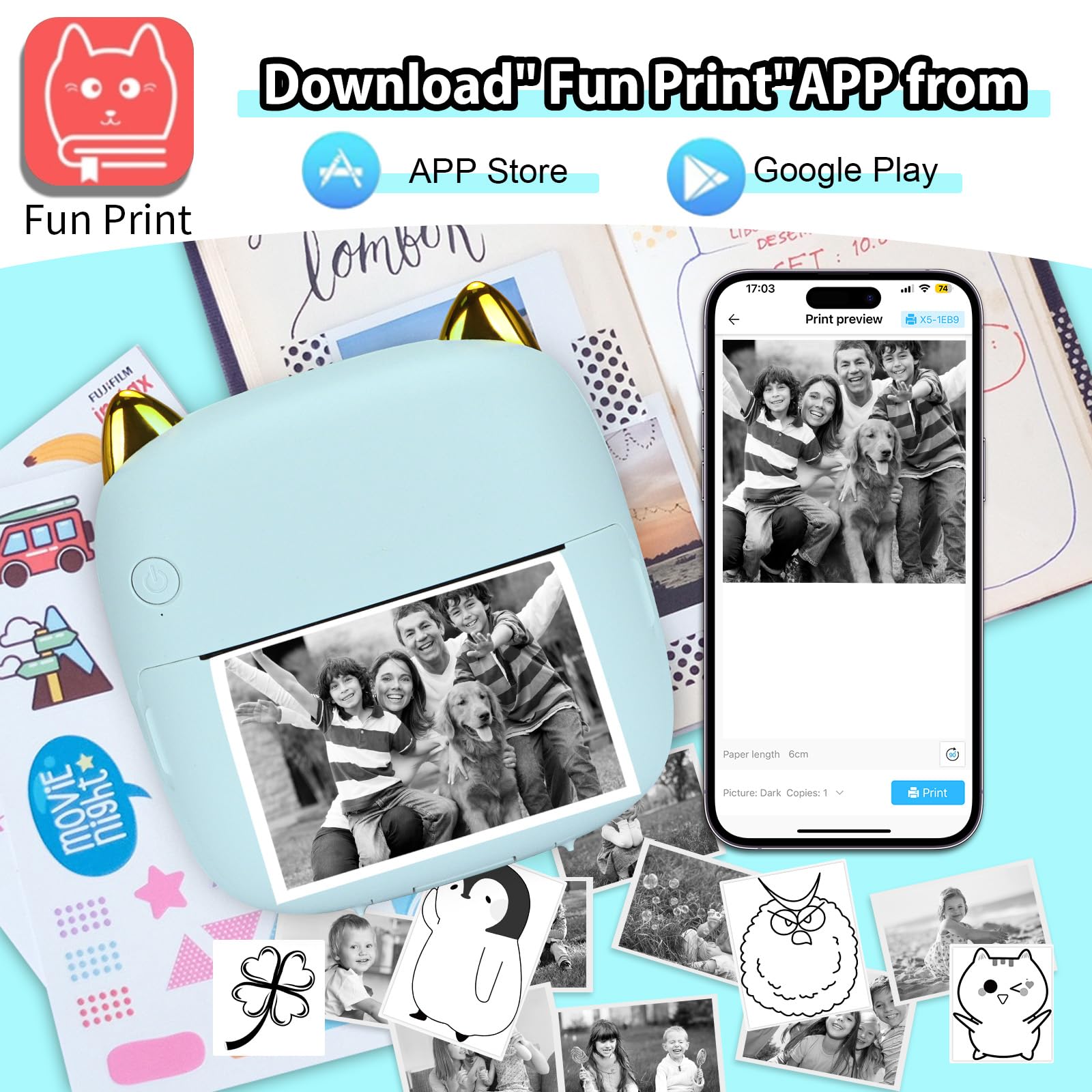 HuiJuKeJi Mini Sticker Printer - Portable Bluetooth Thermal Printer for iOS & Android with RGB Light, 10 Rolls Thermal Paper & Sticker - Perfect for Photo Journaling, Notes, Memos & Receipt Printing at Home, Office or Travel
