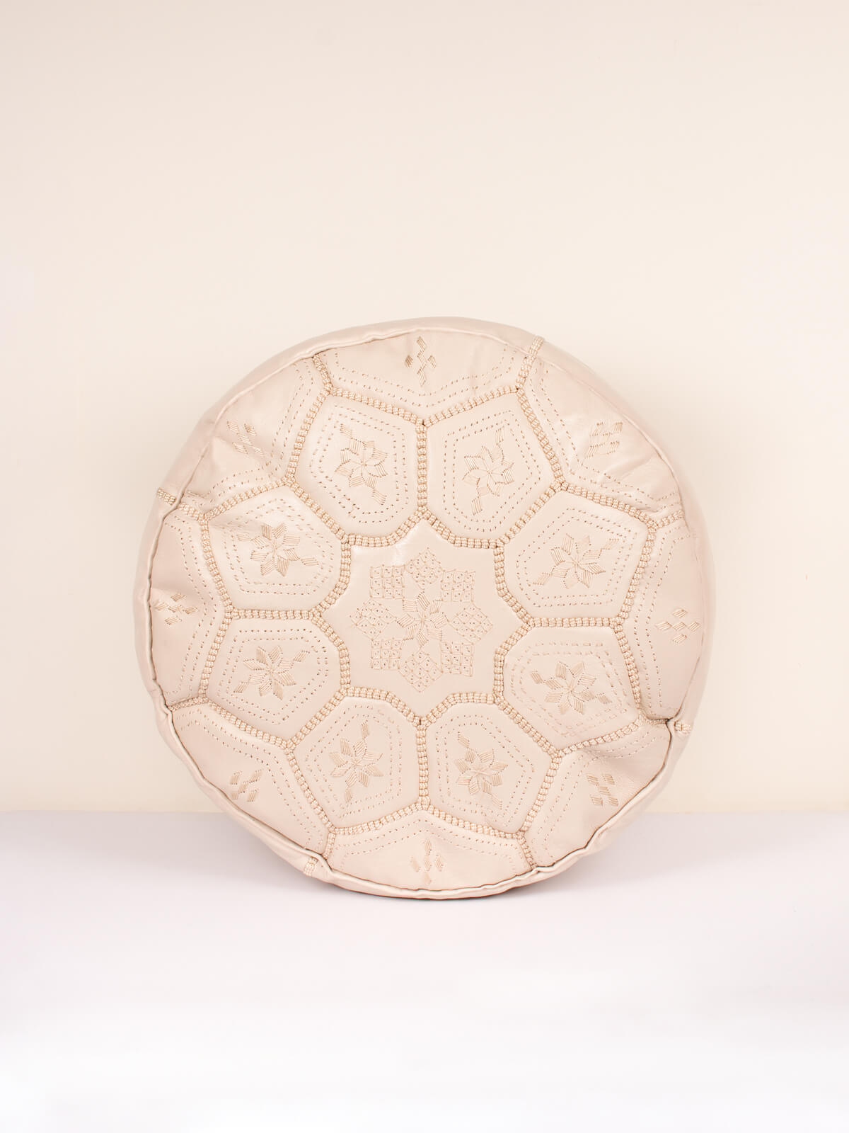Handmade Moroccan Leather Tile Pouffe Ottoman - Boho Chic Footstool, Chalk Color - Perfect for Living Room, Bedroom, or Nursery Decor