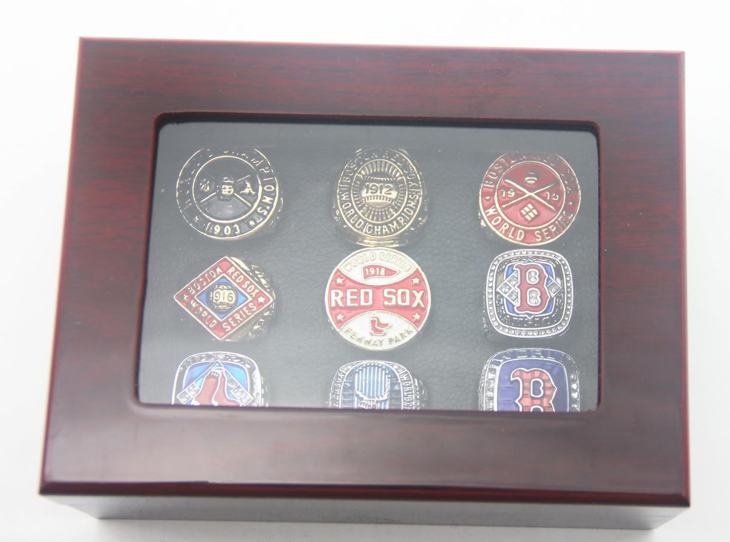 Valman Red Sox 9-Time World Champions Rings Set with Wooden Box - Boston Championship Ring Gift for Men, Women, Kids & Fathers - Perfect for Baseball Fans, Sports Collectors & Anniversary Gifts