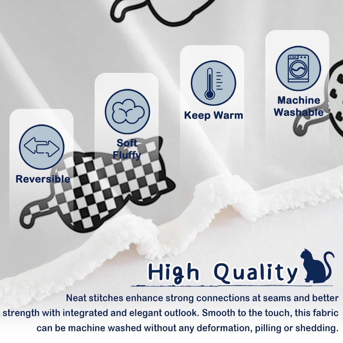 SOULZZZ Soft Fleece Sherpa Cat Blanket - Cozy Plush Throw for Women, Girls & Cat Lovers - Cute Kawaii Kitten Design (50x60 Inches, Black & White) - Perfect for Bed, Sofa, Reading Nook & Gift Giving