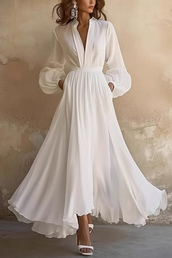 Elegant Solid Color V-Neck Long Sleeve Casual Waist Midi Dress for Women | Perfect for Office, Date Night & Fall Fashion