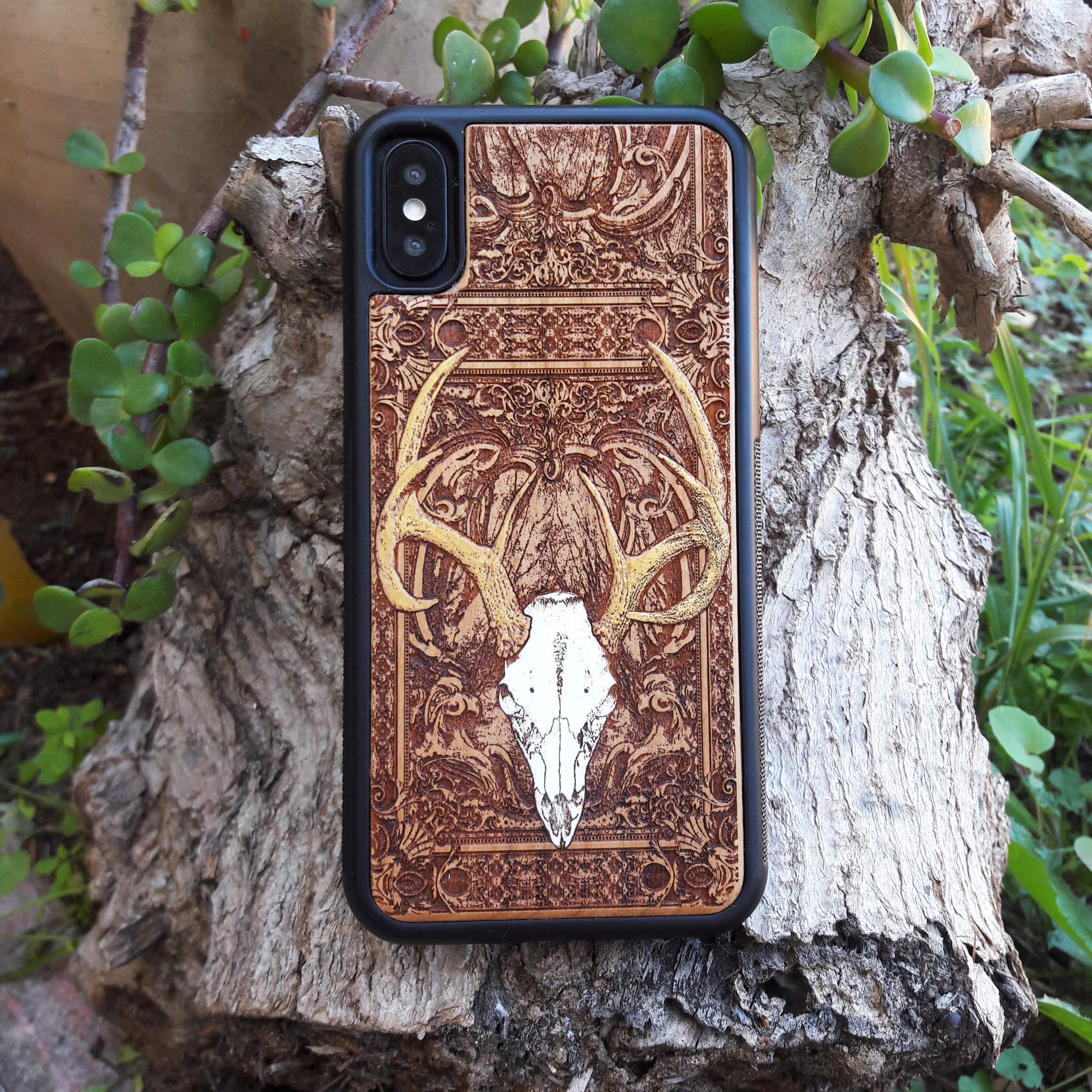 Hand-Painted Deer Skull Laser Engraved Wooden Phone Case for iPhone 16/15/14/13/12/11 Pro Max/Mini & Galaxy S25/S24/S23/S22/S21/S20 Ultra Plus - Eco-Friendly Slim Durable Wood Cover - Perfect for Outdoor Adventures, Nature Lovers & Unique Gift Ideas
