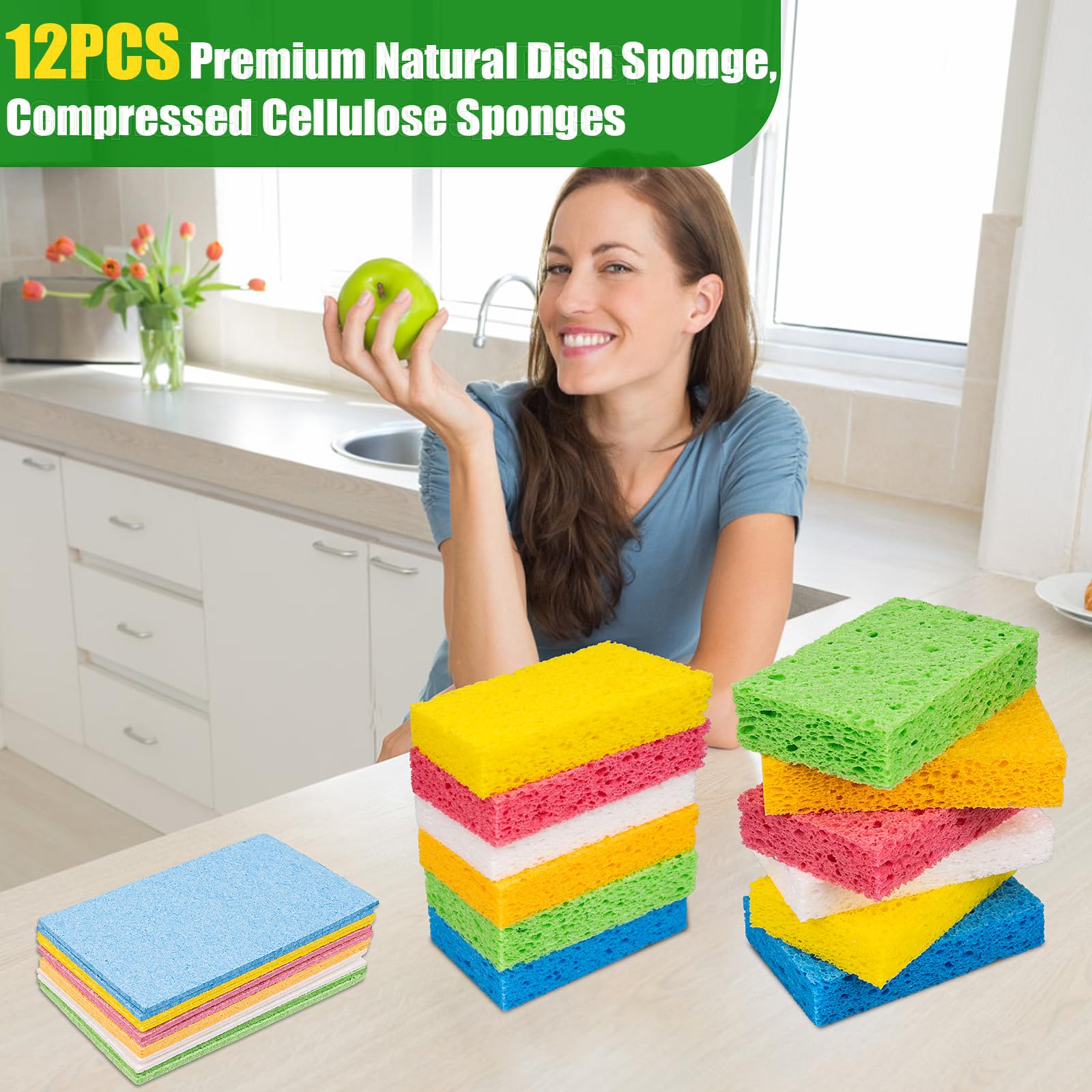 12PCS Premium Non-Scratch Kitchen Sponges - Heavy Duty Dish Washing Scrub Sponges, Multipurpose Cellulose Cleaning Sponges for Sinks, Countertops, Cookware & Utensils